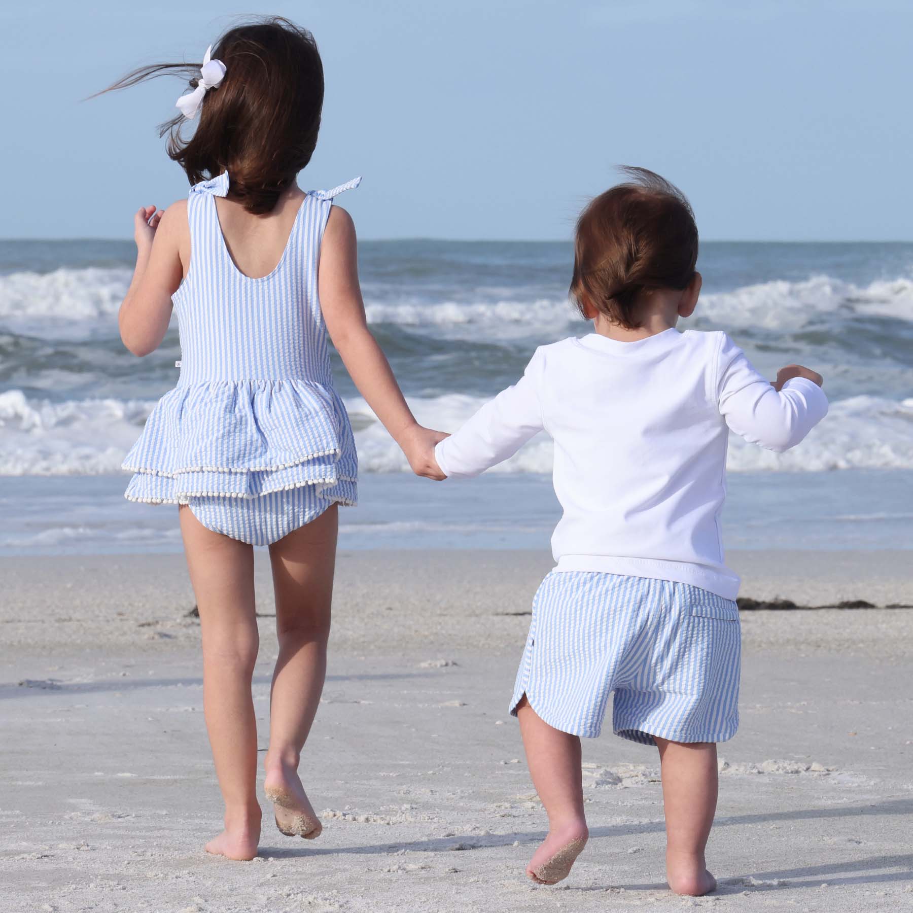  Tiered Skirt with White Pom Trim | Seersucker Blue、mySite、layawaytickets