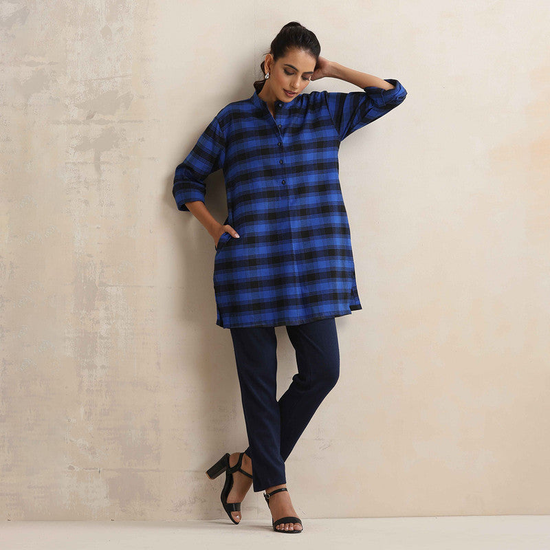 Cotton Short Kurta For Women | Mandarin Collar | Checkered Print | Blue、mySite、camillekostekn