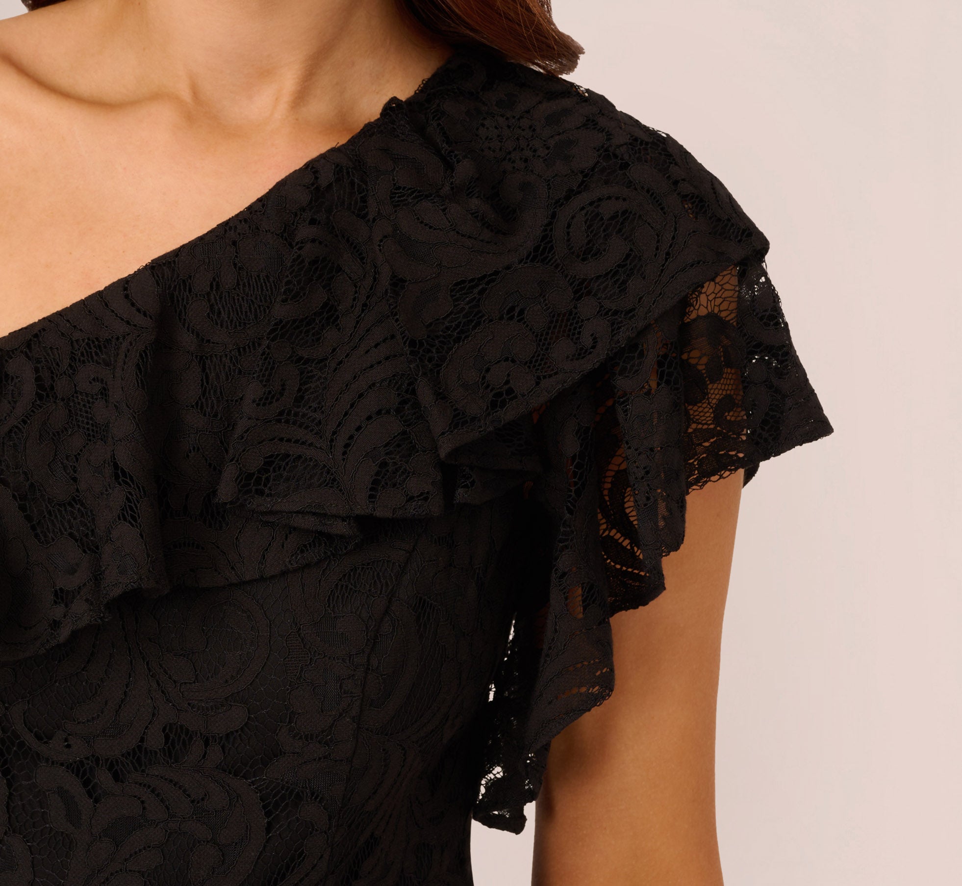 One Shoulder Crepe Jumpsuit With Lace Ruffle Details In Black、mySite、solidvoid