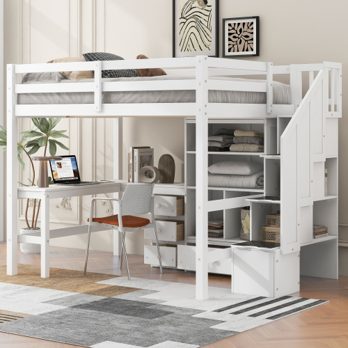 Twin Size Loft Bed with L-Shaped Desk and Drawers, Cabinet and Storage Staircase, White、、casual