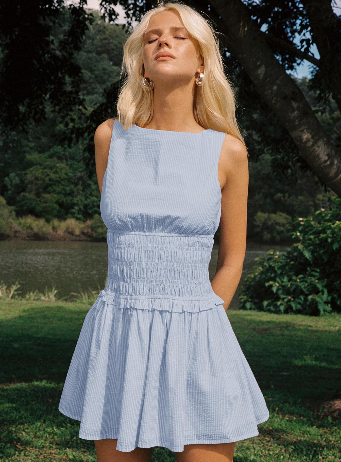 Yennifer Shirred Mini Dress Blue / White、mySite、solidvoid