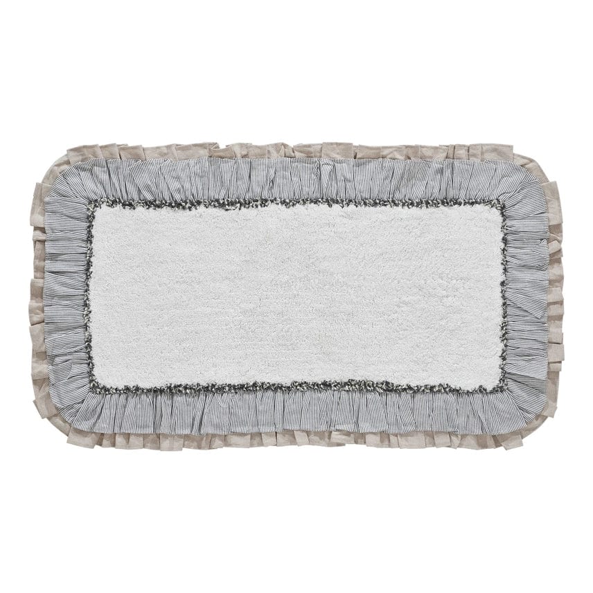 Ashmont Farmhouse Bath Mat-Cream with Blue Stripe & Burlap Ruffles、mySite、g9winljtr