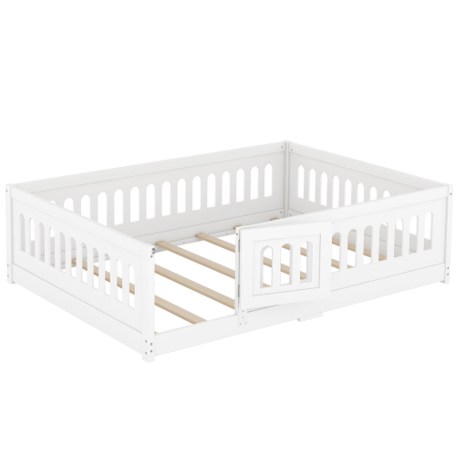 Twin Size Floor Bed with Heightened Safety Guardrails and Door, Solid Wood Bedframe with Rails for Girls, Boys, Teens, Child Bedroom, Kids Playroom, No Slats Included, White、、casual