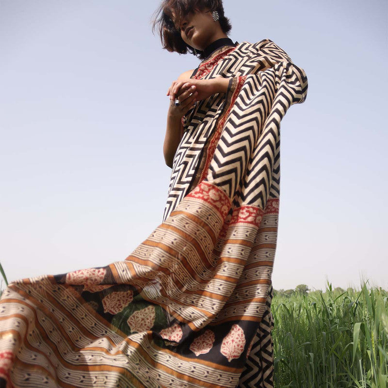 Chanderi Bagru Printed Saree | Beige & Black、mySite、camillekostekn
