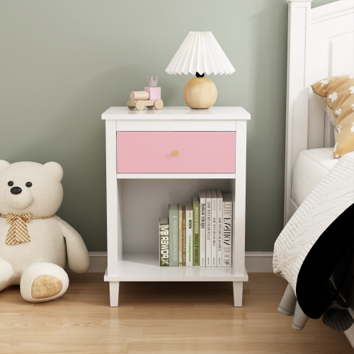 26.77''H Wooden Nightstand with One Drawer One Shelf for Kids, Adults, White+Golden handle、、casual