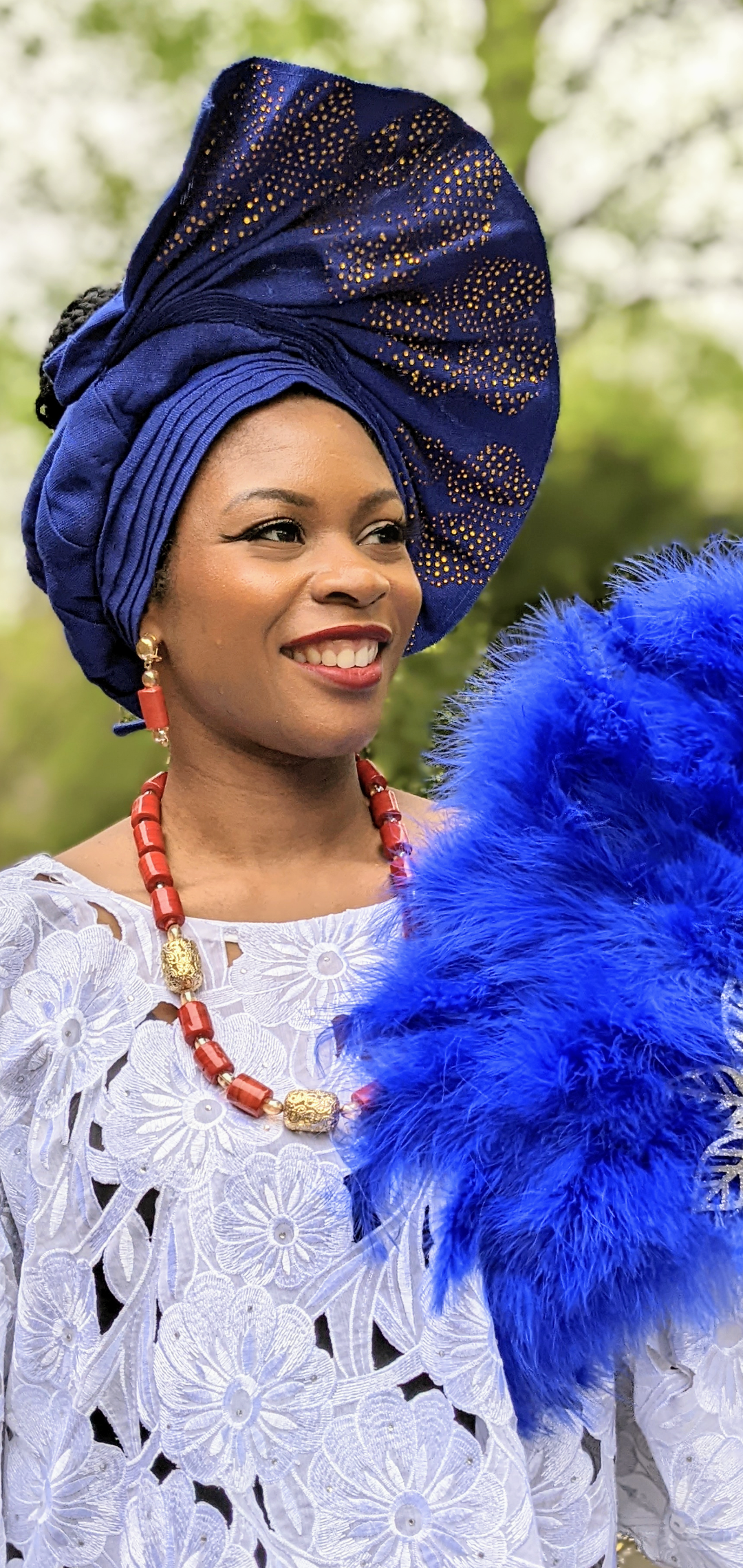 Royal Blue Olubunmi African Aso Oke Ready Autogele Head wrap hat with Golden Yellow Rhinestones�- DPABO01、mySite、solidvoid
