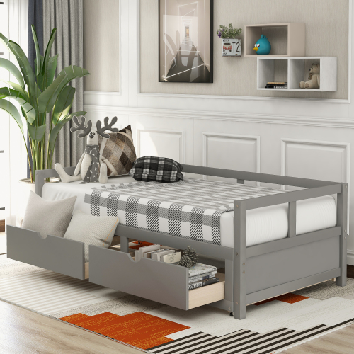 Wooden Daybed with Trundle Bed and Two Storage Drawers , Extendable Bed Daybed,Sofa Bed for Bedroom Living Room,White、、casual