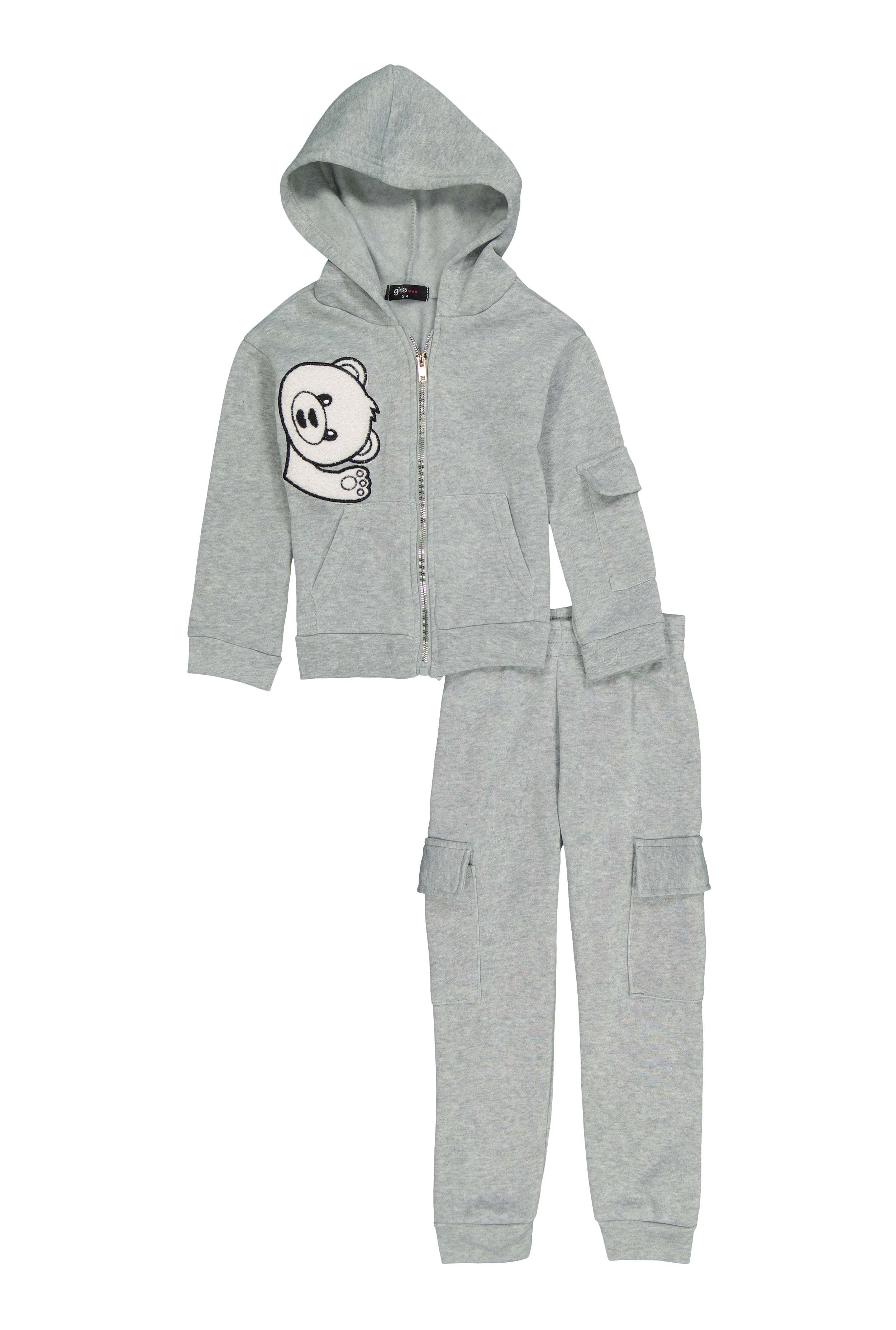 Little Girls Bear Chenille Patch Zip Up Hoodie and Cargo Joggers、mySite、camillekostekn