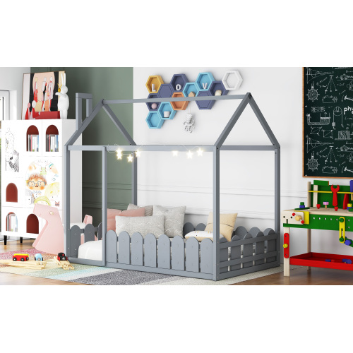 {Slats are not included}Twin Size Wood Bed House Bed Frame with Fence,for Kids,Teens, Girls,Boys {White}{OLD SKU:WF194274AAK}、、casual