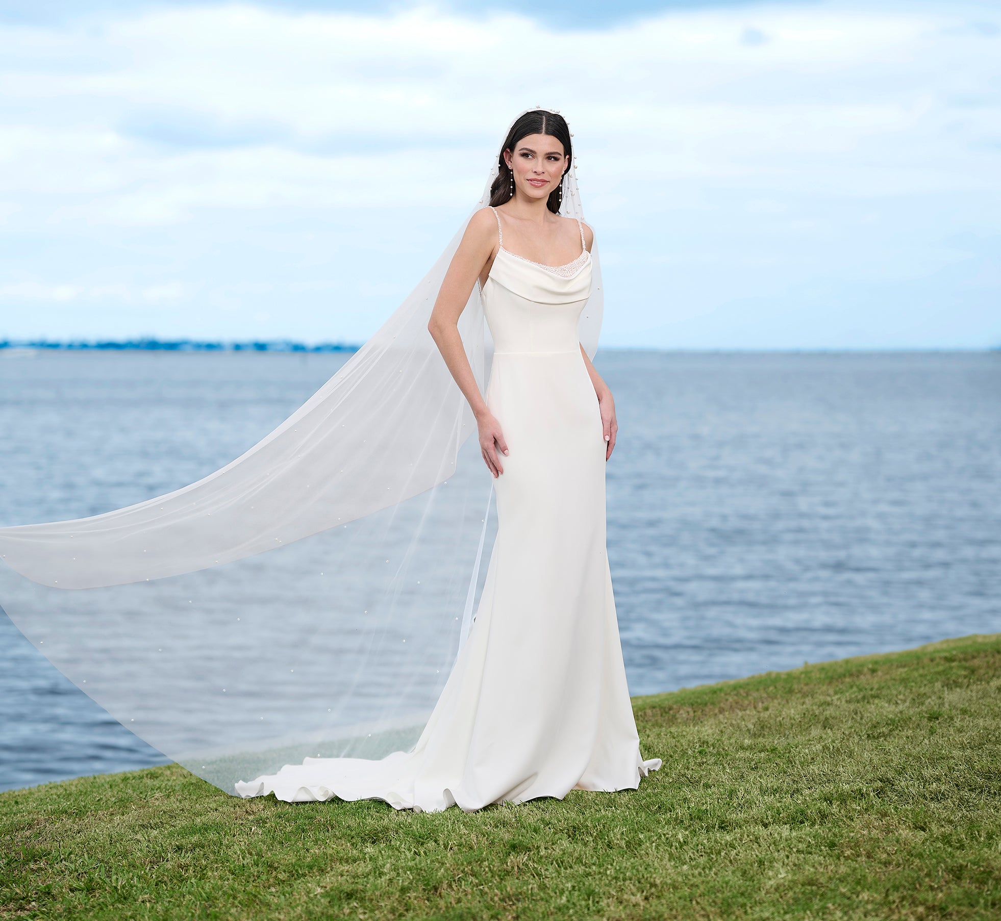 Stretch Crepe Gown With Cowl Drapes In Ivory Nude、mySite、solidvoid