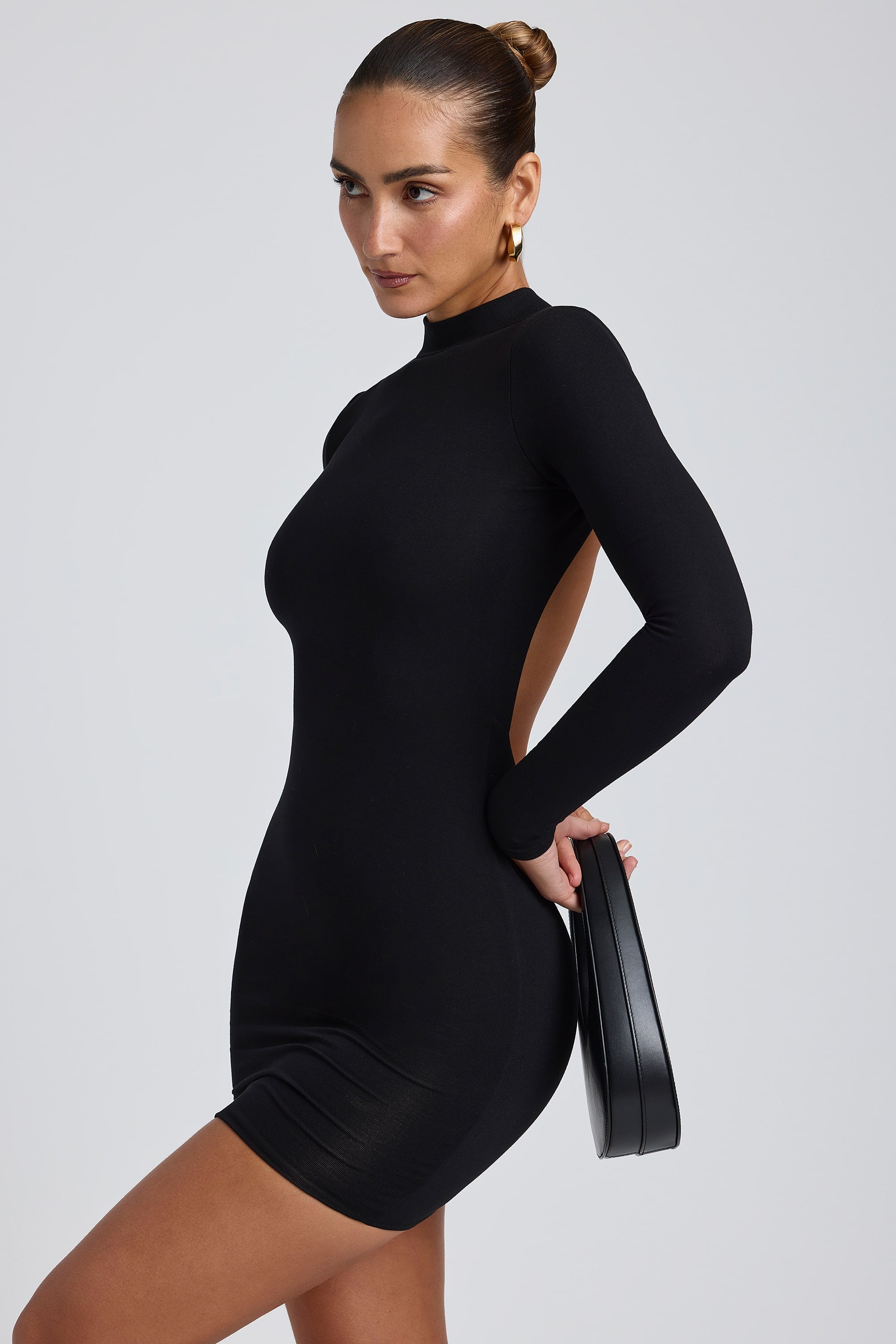 Modal Open-Back Long-Sleeve Mini Dress in Black、mySite、solidvoid