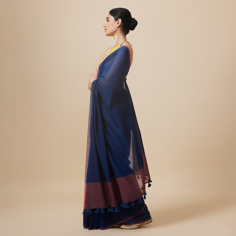 Cotton Solid Saree with Blouse | Dark Blue、mySite、camillekostekn
