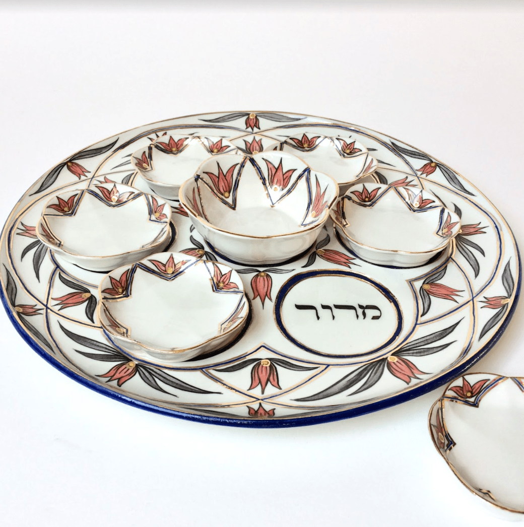 Salmon, Gray and Gold Floral Porcelain Seder Plate and Salt Bowl、mySite、topwebapps