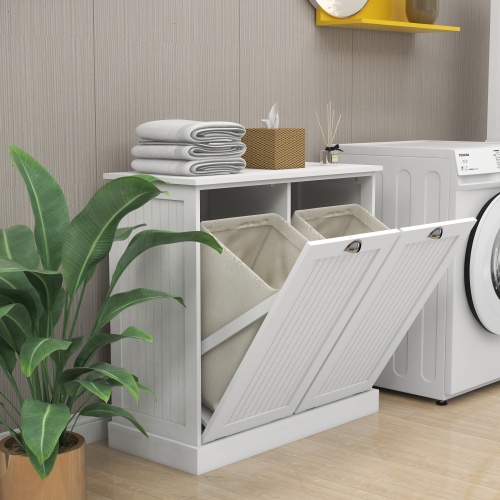 Two-Compartment Tilt-Out Laundry Sorter Cabinet-White、、casual