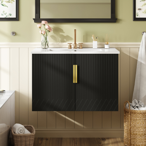 30" Vintage Bathroom Vanity with Ceramic Sink, with 3 Holes Single Ceramic Sink, Bathroom Storage Vanity Cabinet with 2 Soft Closing Doors、、xpatfood