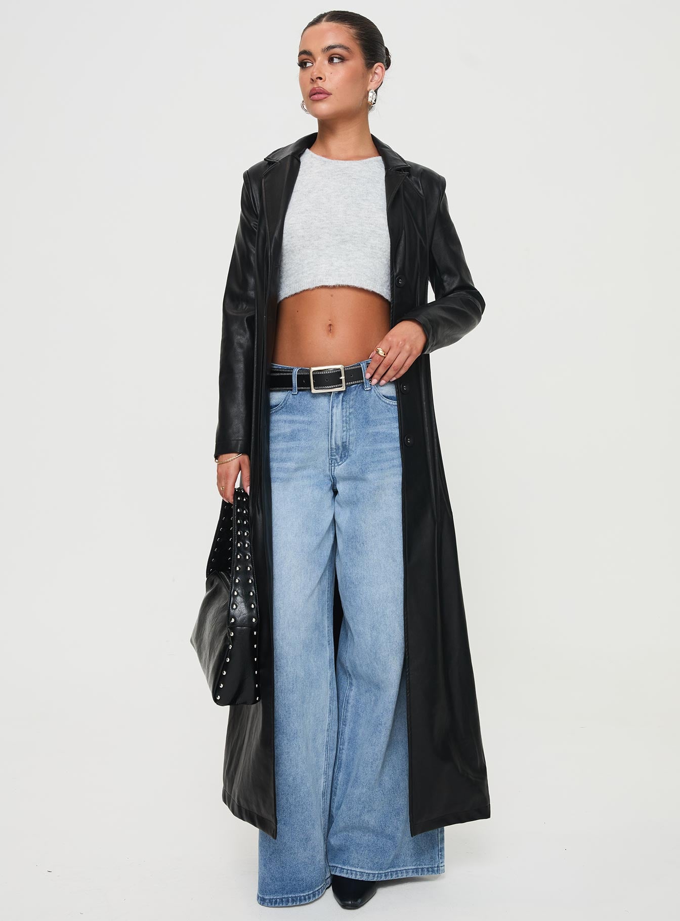 Speak Easy Long Line Faux Leather Coat Black、mySite、solidvoid