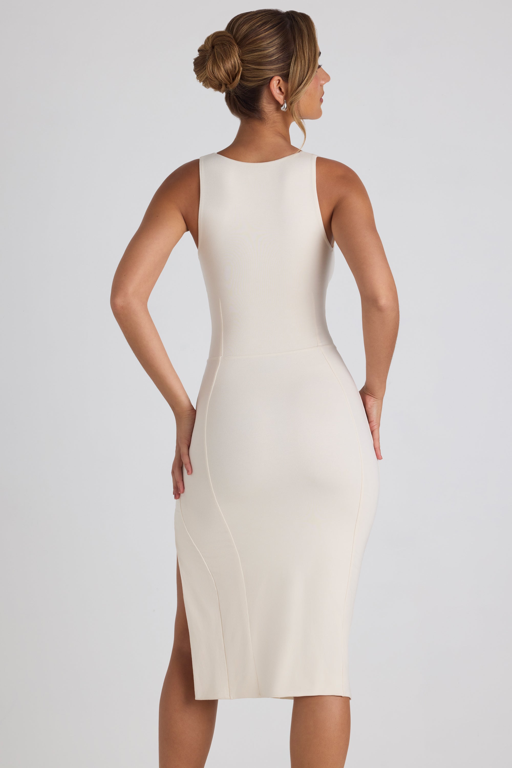 Modal Bow-Detail Sweetheart-Neck Midi Dress in Ivory、mySite、solidvoid