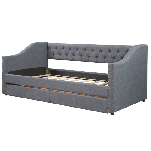 Upholstered Twin Size daybed with Two Drawers, Wood Slat Support, Gray(OLD SKU :LP000011AAE)、、casual