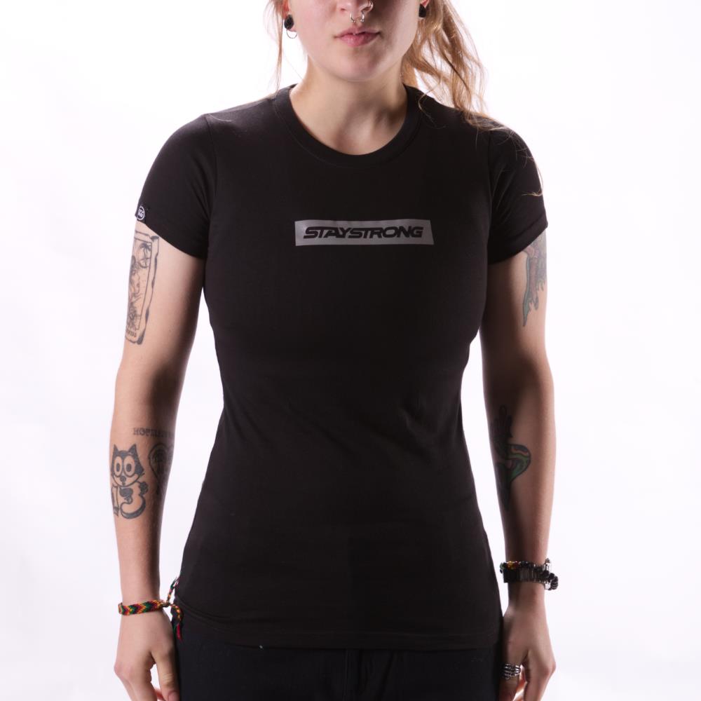  Stay Strong Word Box Reflective Ladies T-Shirt - Black、mySite、merchandisen