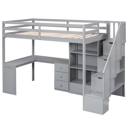 Twin Size Loft Bed with L-Shaped Desk and Drawers, Cabinet and Storage Staircase, White、、casual