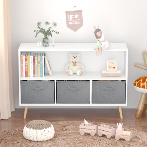Kids bookcase with Collapsible Fabric Drawers, Children's Book Display, Toy Storage Cabinet Organizer, White/Gray、、casual