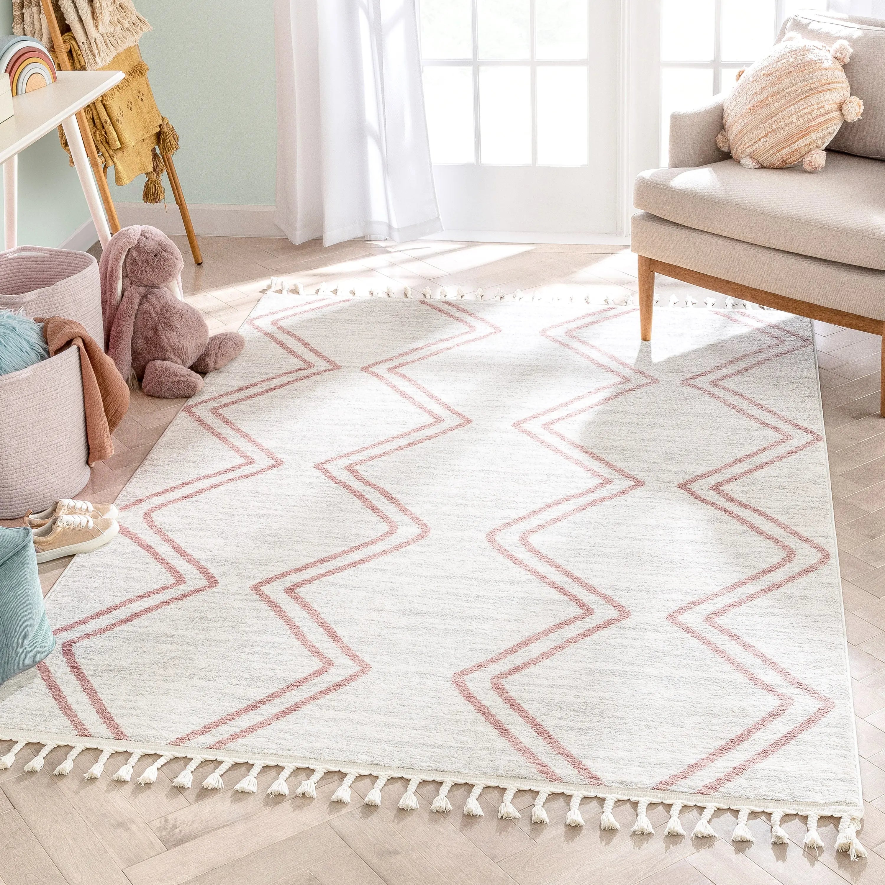 Reeve Modern Chevron Zig-Zag Pink Ivory Kids Rug、mySite、gigharbornorthrealestate