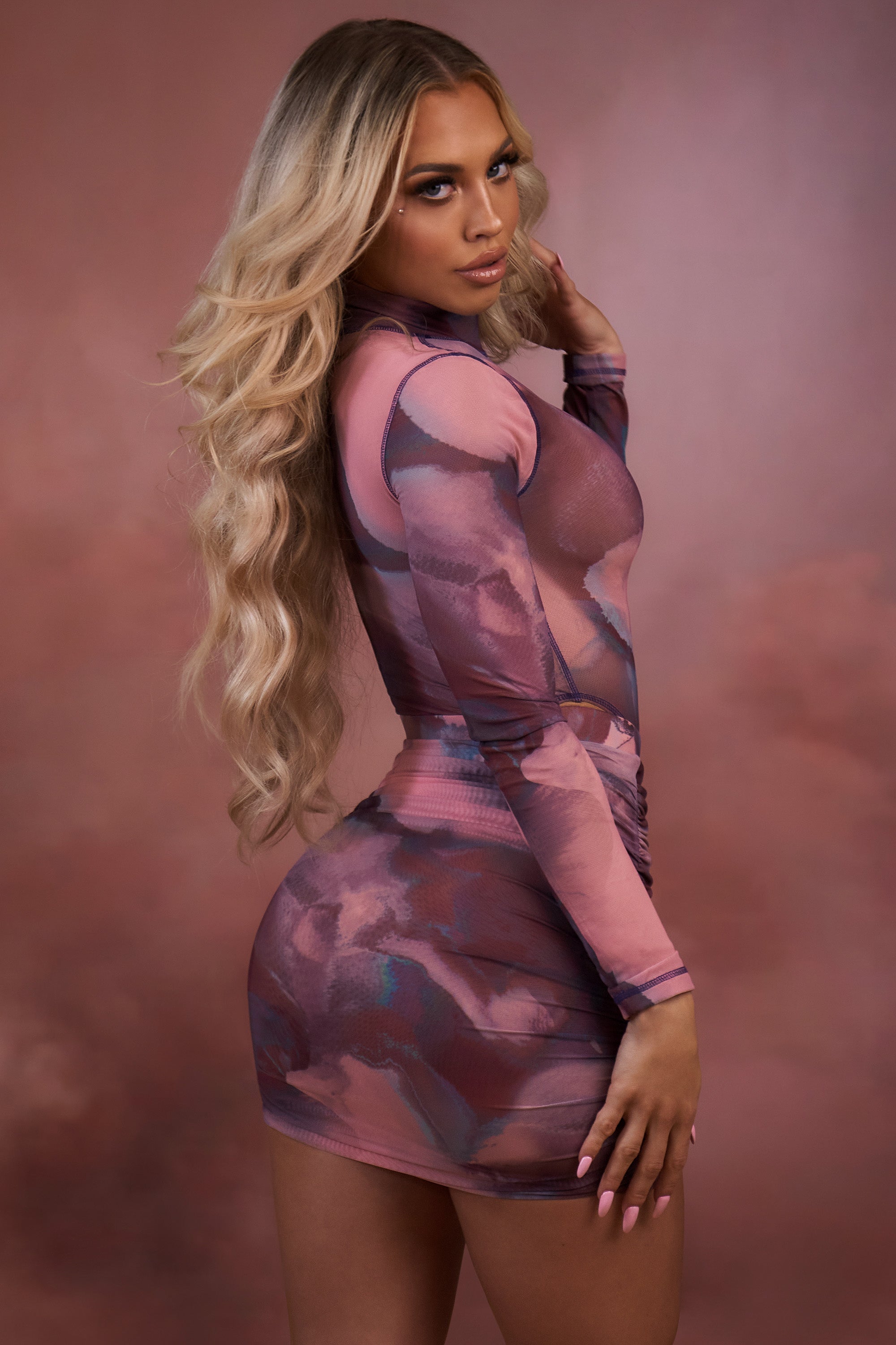 High Neck Long Sleeve Mesh Bodysuit in Blush、mySite、solidvoid