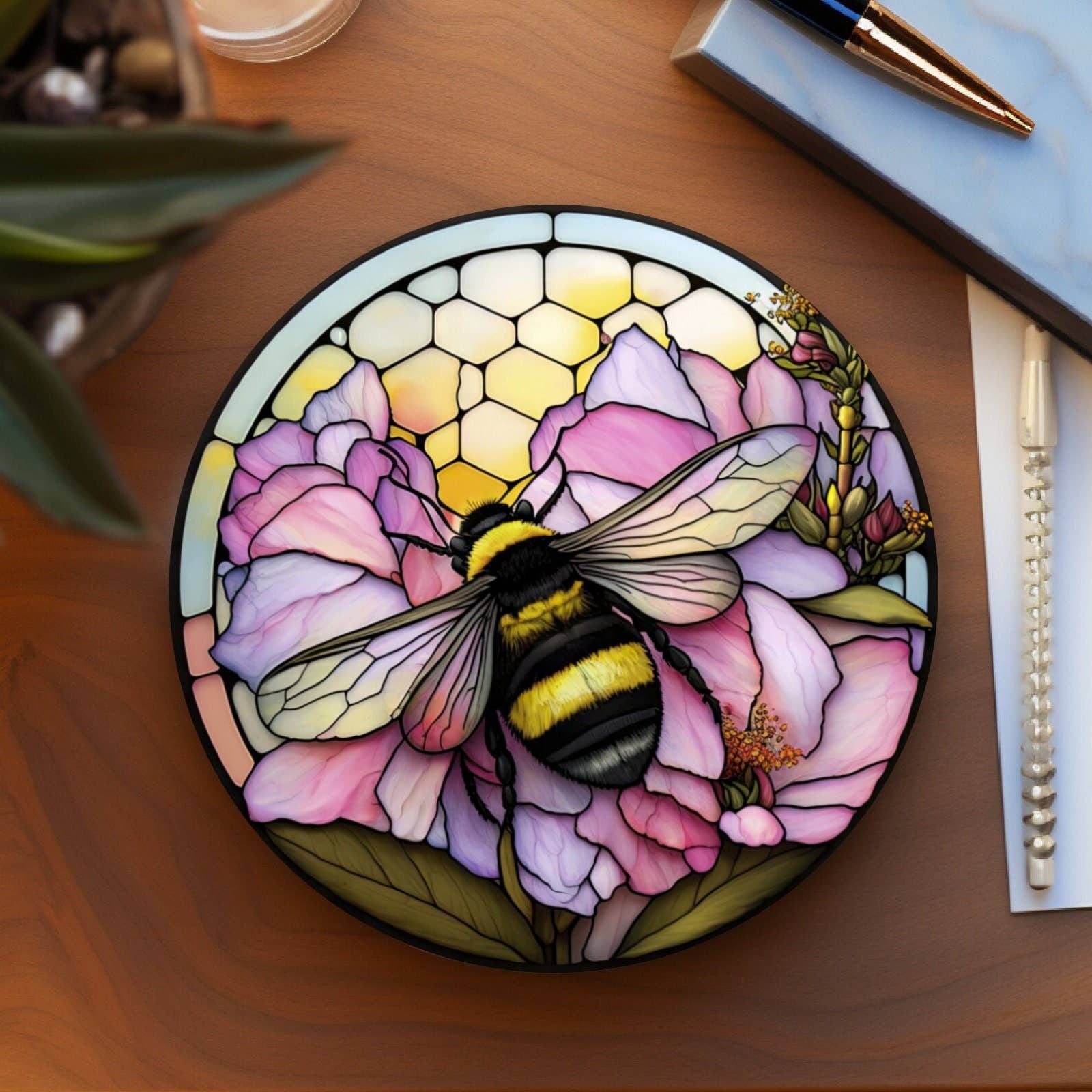 Bumble Bee Flower Stained Glass Ceramic Coasters、mySite、g9winljtr