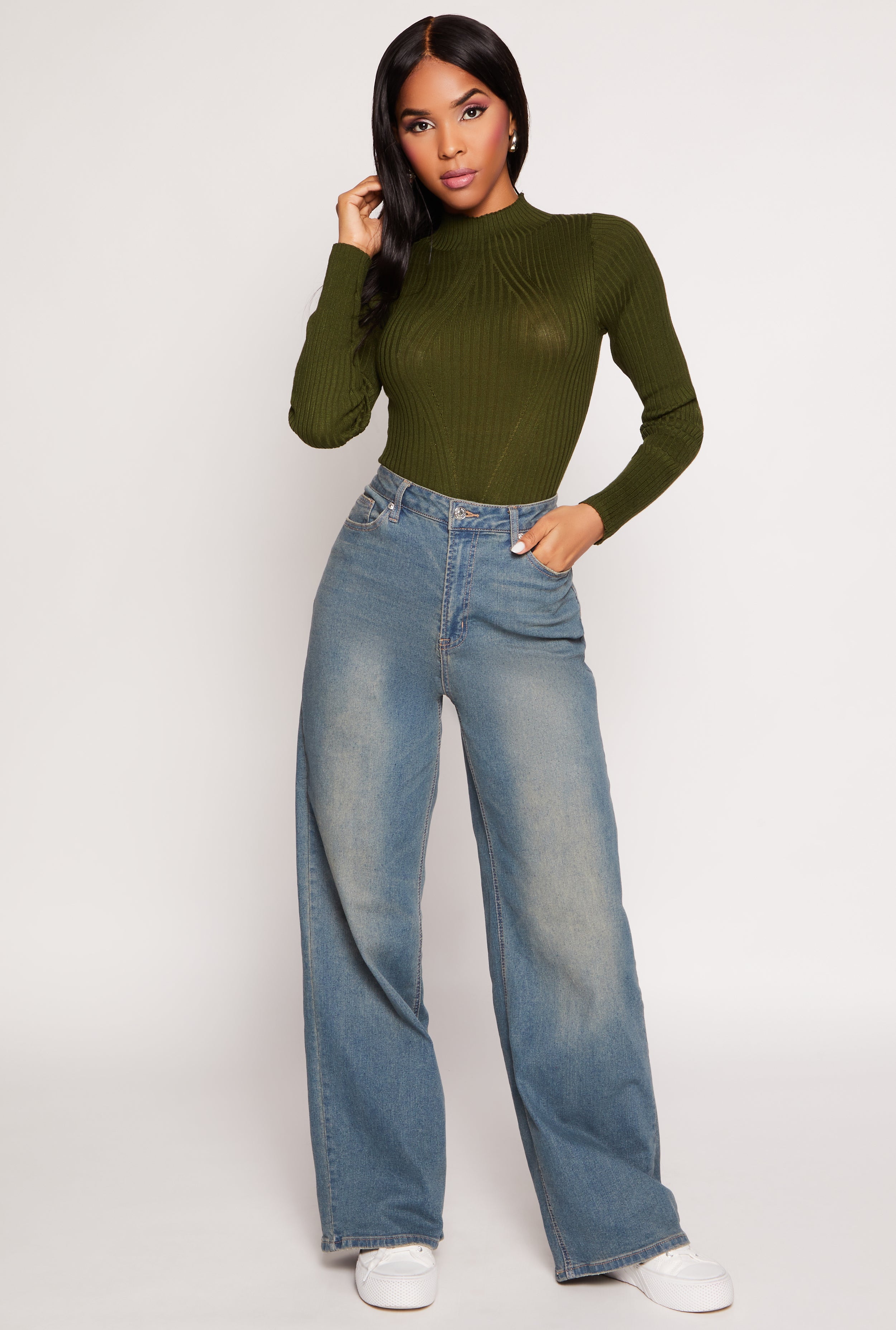 Ribbed Long Sleeve Mock Neck Bodysuit、mySite、camillekostekn