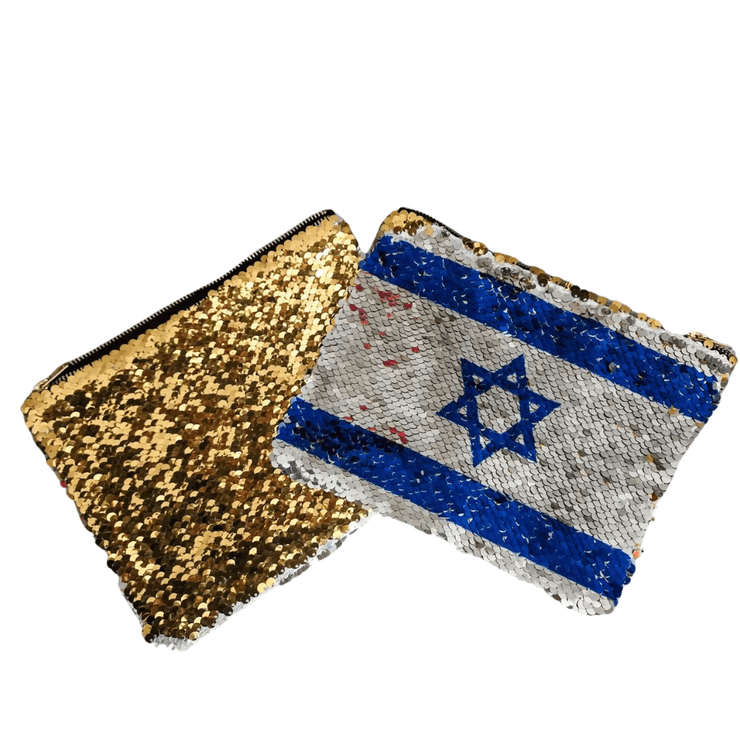 Israeli Flag and Gold Sequin Flip Cosmetic Bag、mySite、topwebapps