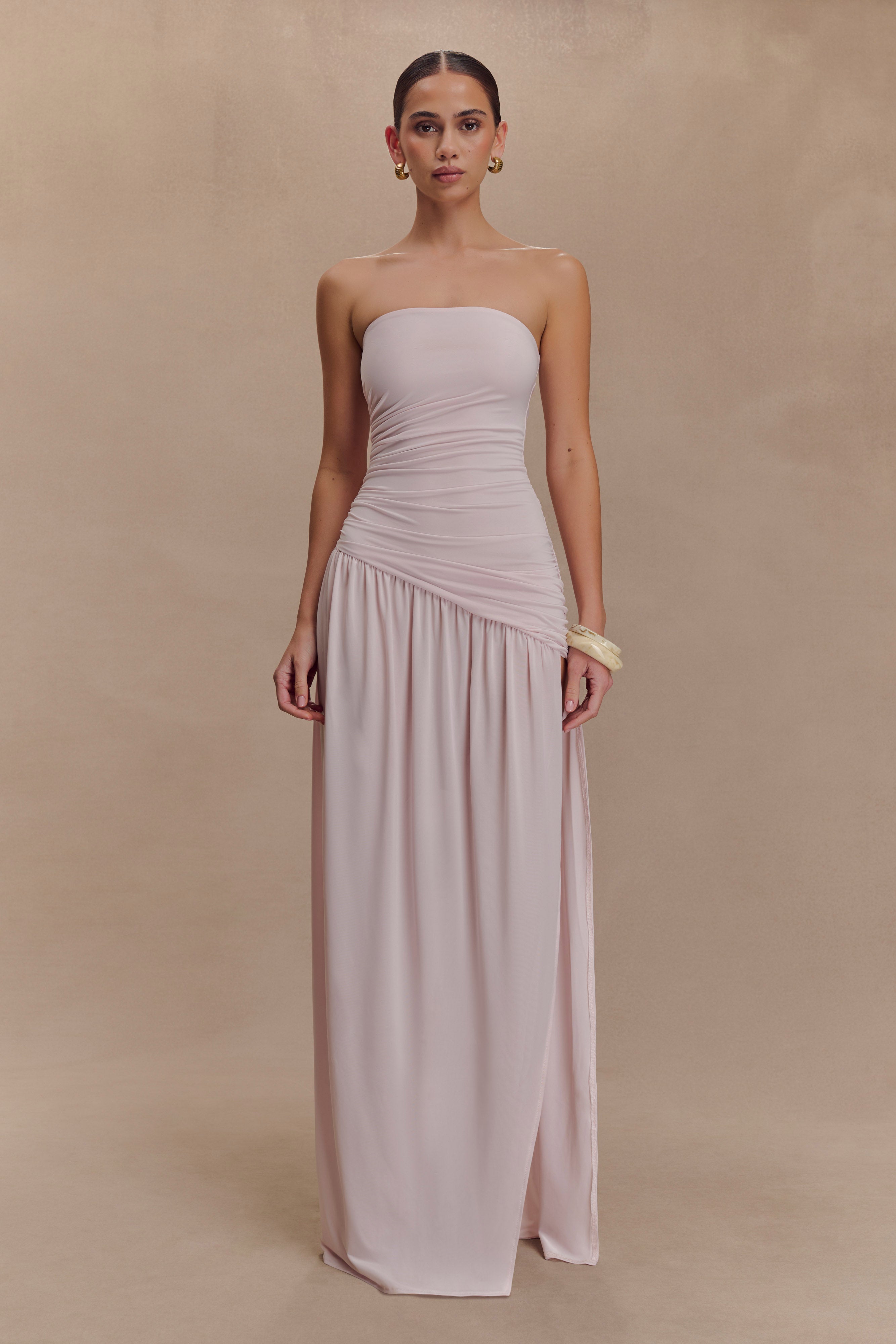 Bex Strapless Slinky Maxi Dress With Split - Pale Pink、mySite、solidvoid