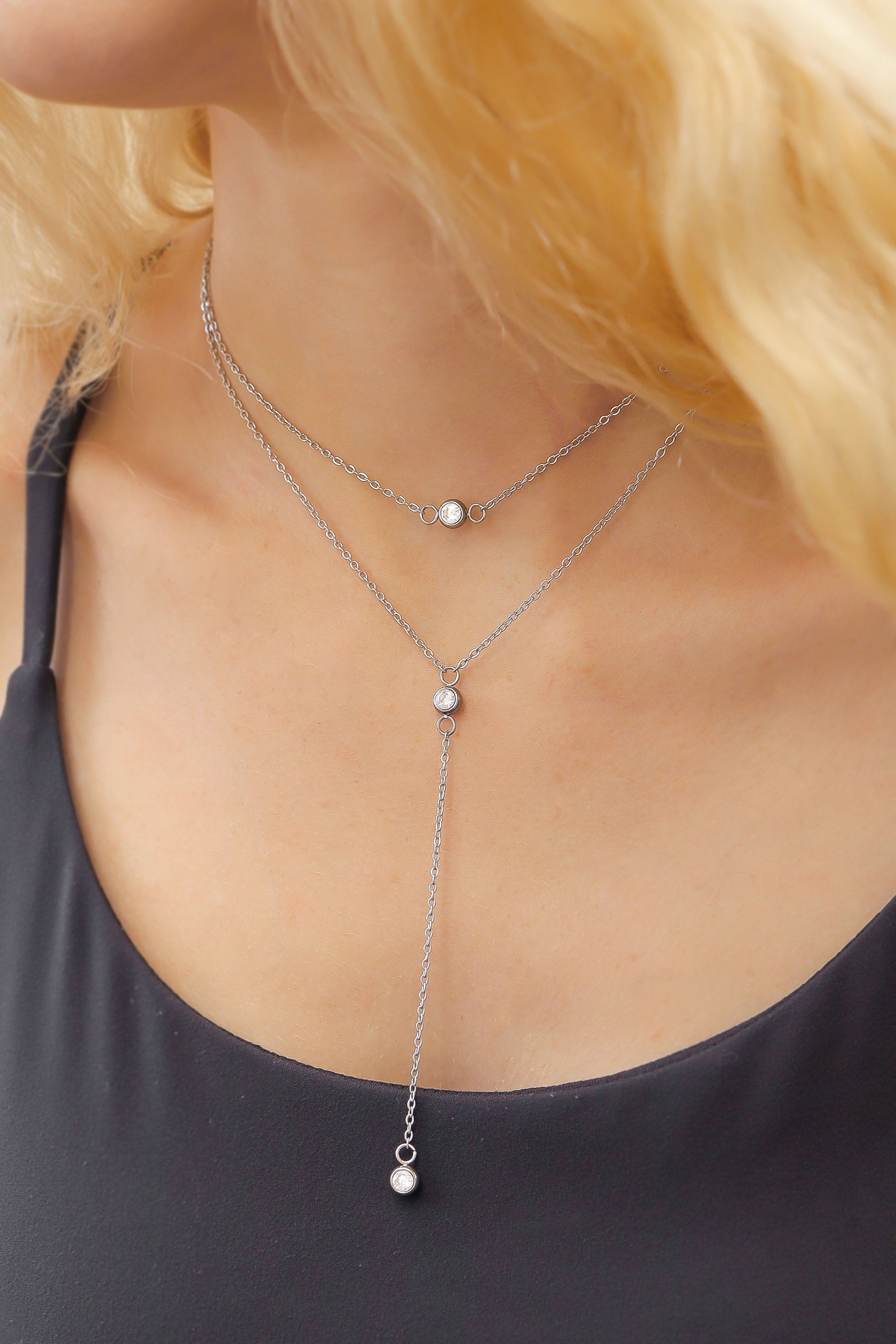 18K Gold PVD Stainless Steel Lariat Necklace CZ Stone Necklace / CHN0066、mySite、dreamappss