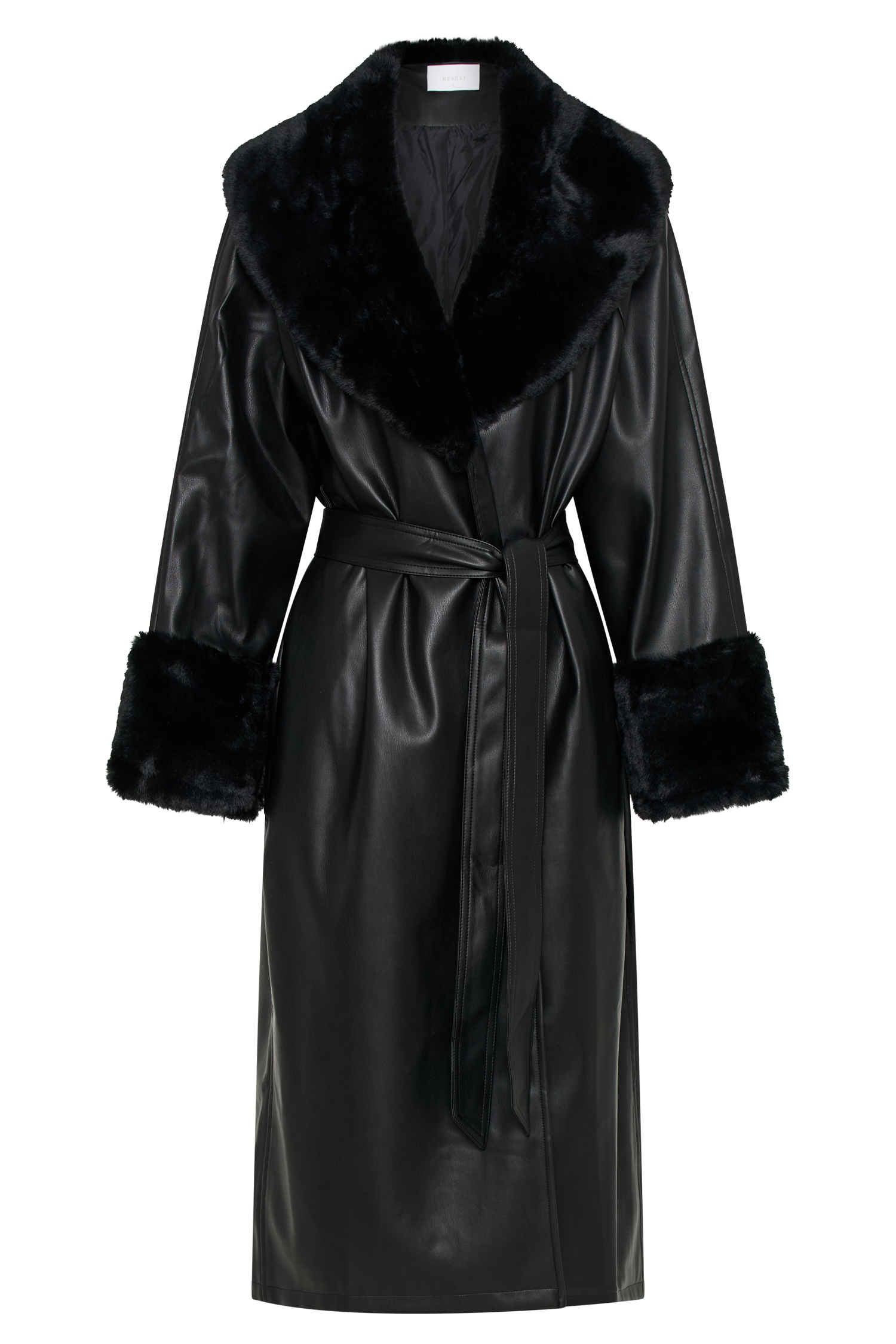 Rebekah Oversized Pu Trench Coat With Fur Trim - Black、mySite、solidvoid