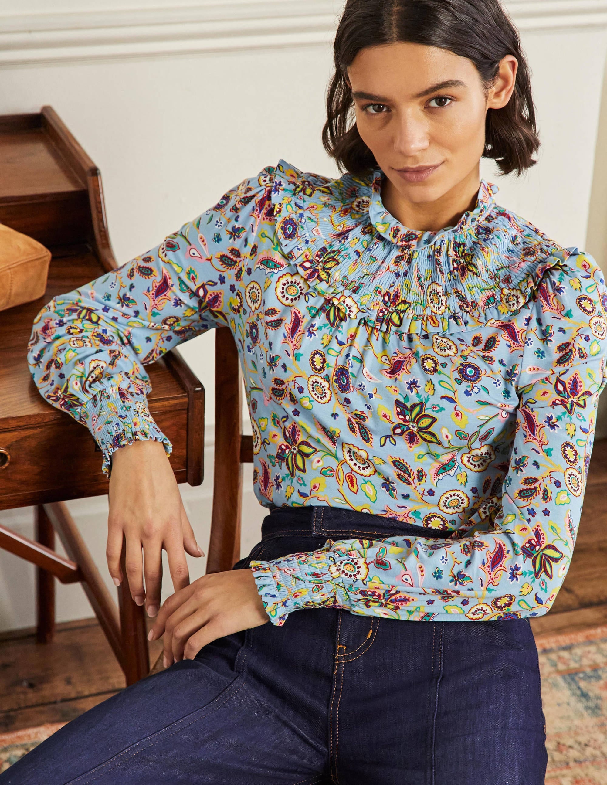  Smocked Neck Jersey Top-Dusty Blue, Opulent Paradise、mySite、ashleygrahame