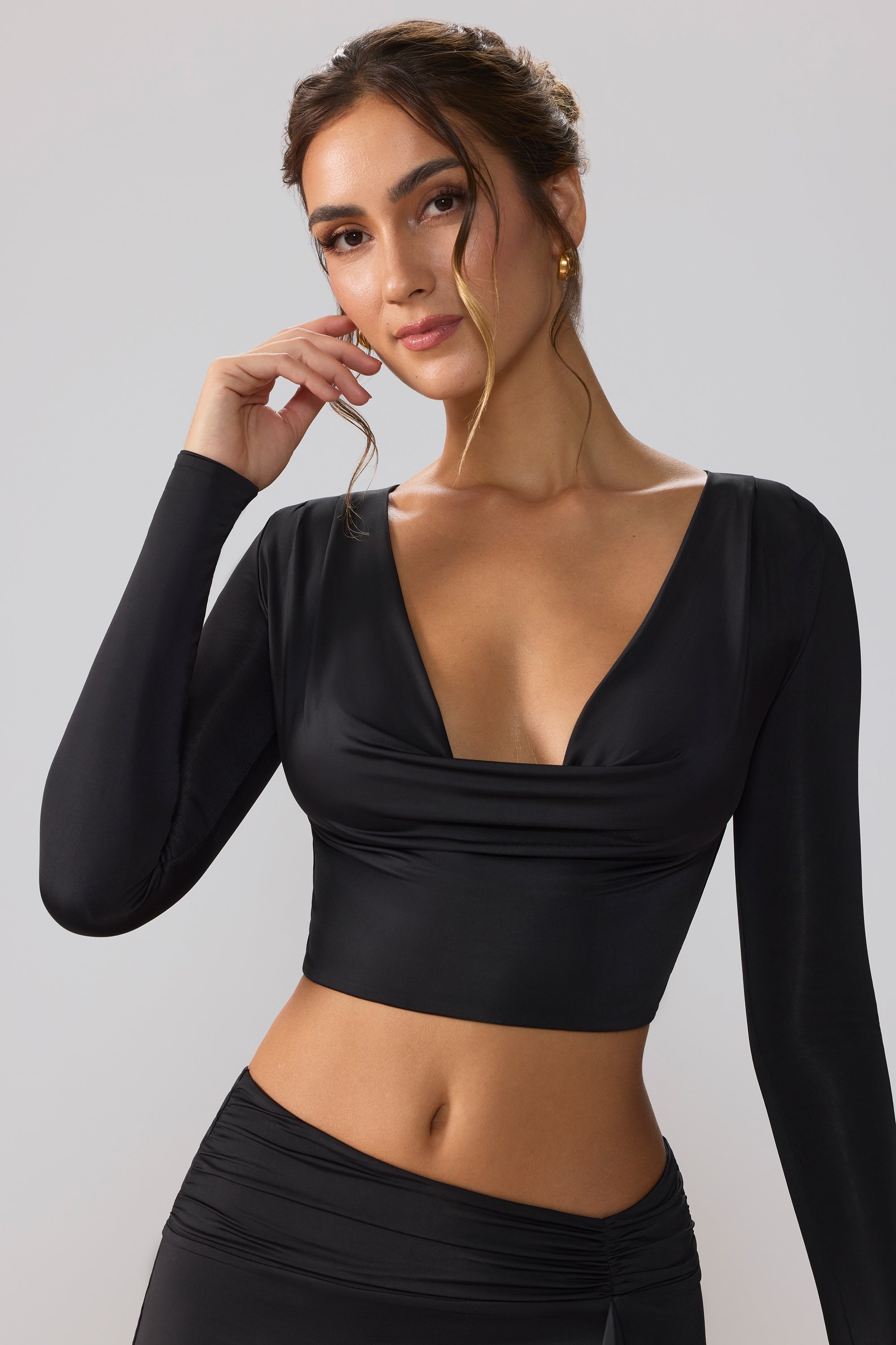 Slinky Jersey Plunge Neck Long Sleeve Crop Top Top in Black、mySite、solidvoid