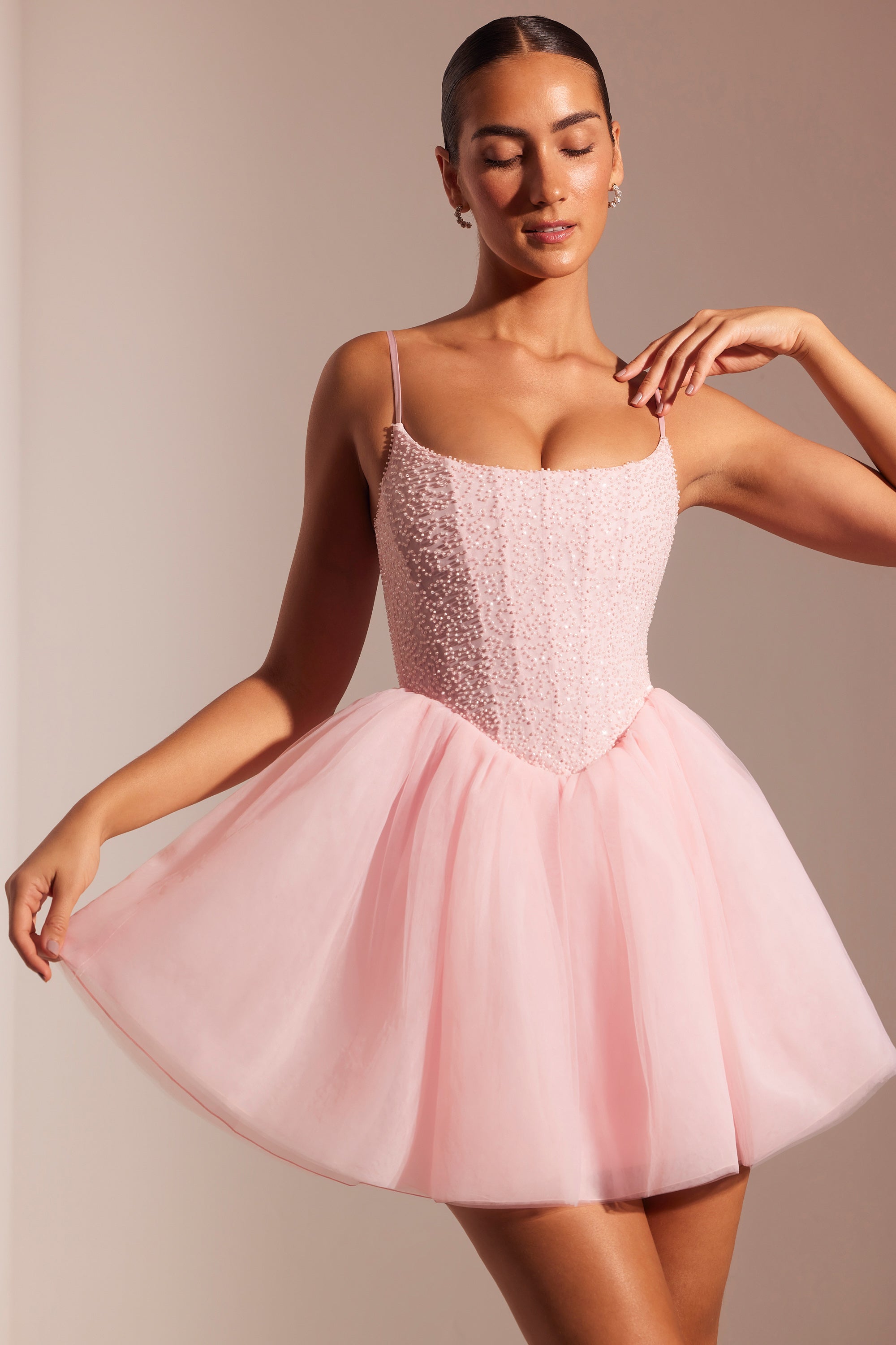 Embellished Corset Tulle Skirt Mini Dress in Blush、mySite、solidvoid