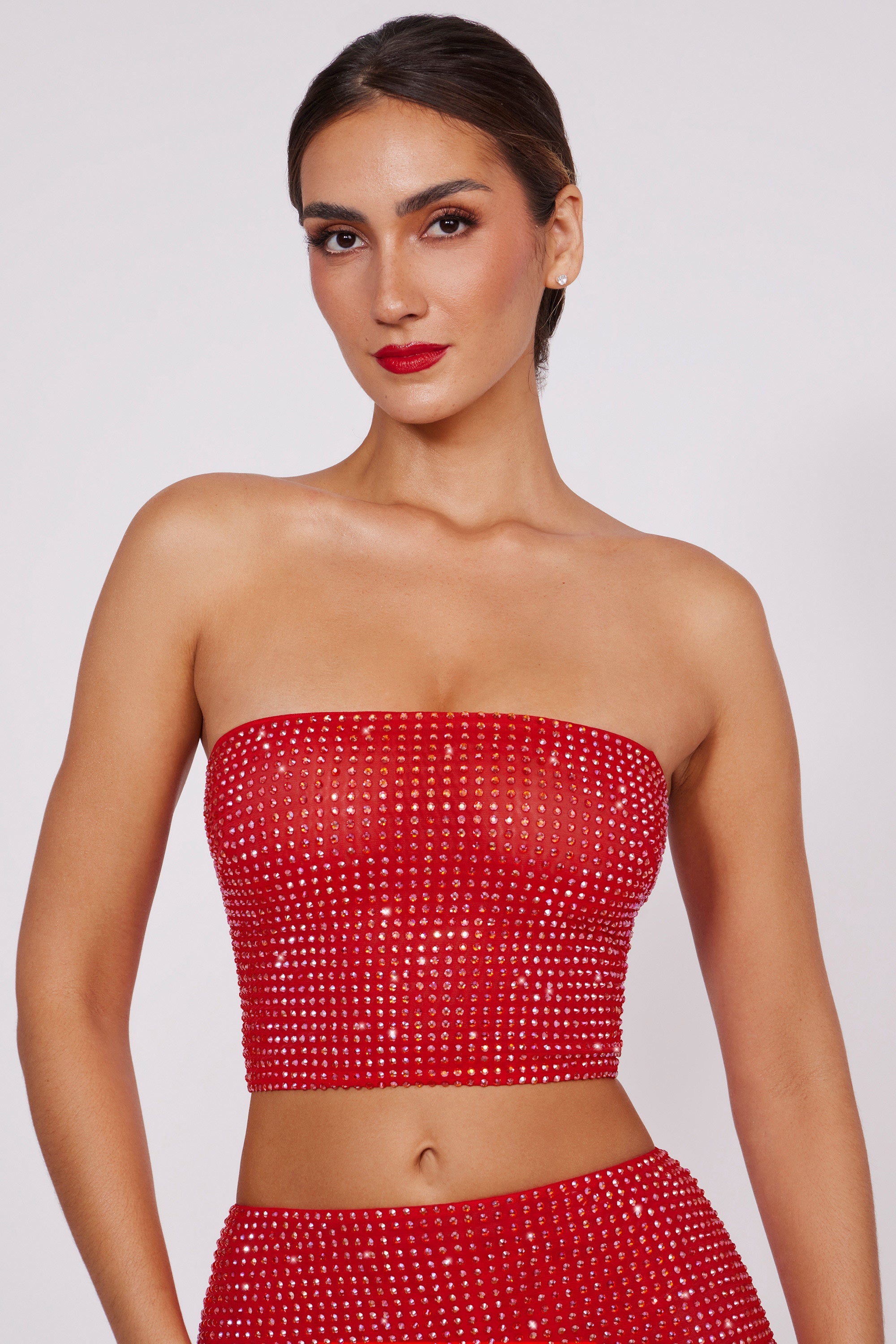 Embellished Strapless Crop Top in Fire Red、mySite、solidvoid