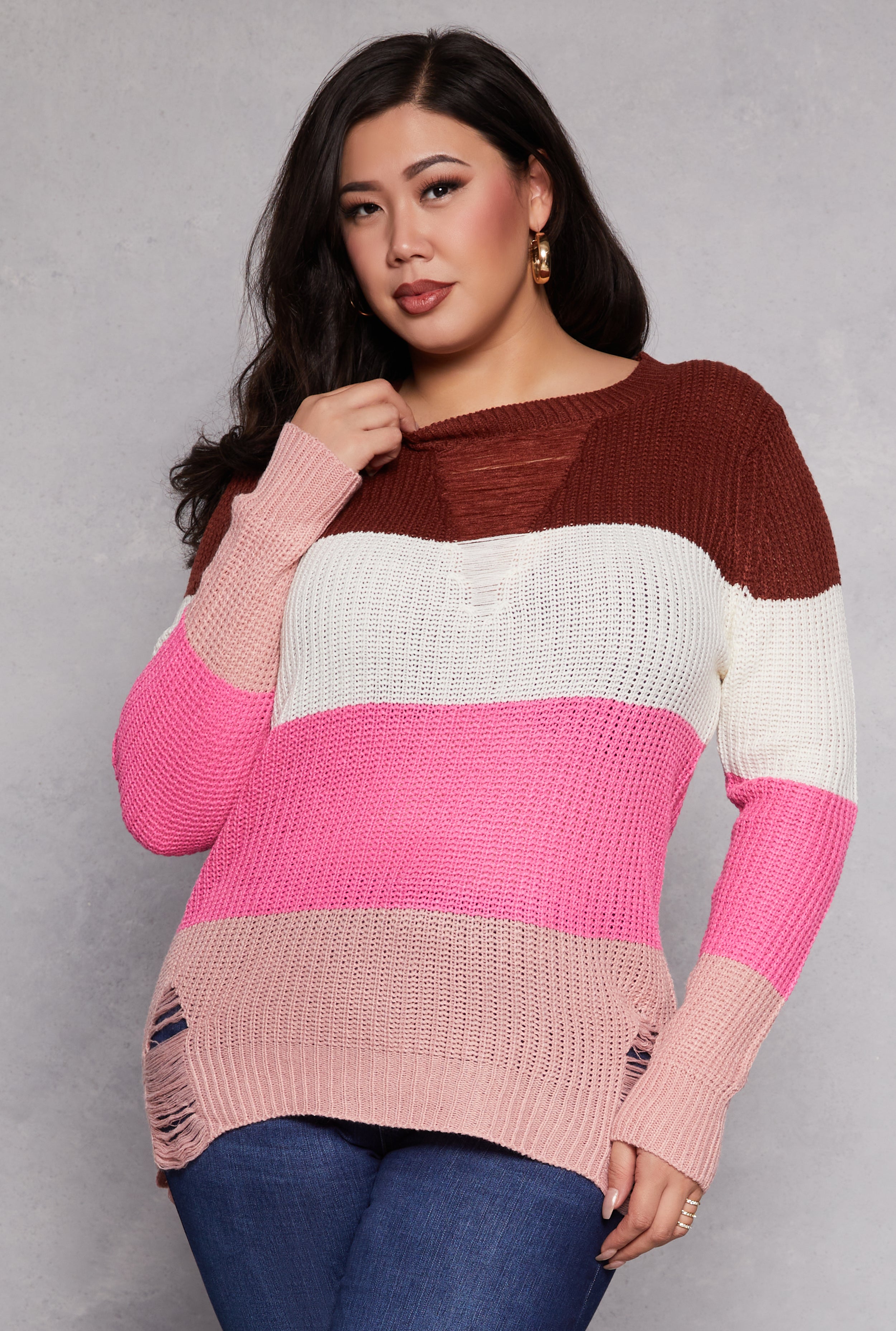 Plus Size Striped Distressed Long Sleeve Sweater、mySite、camillekostekn