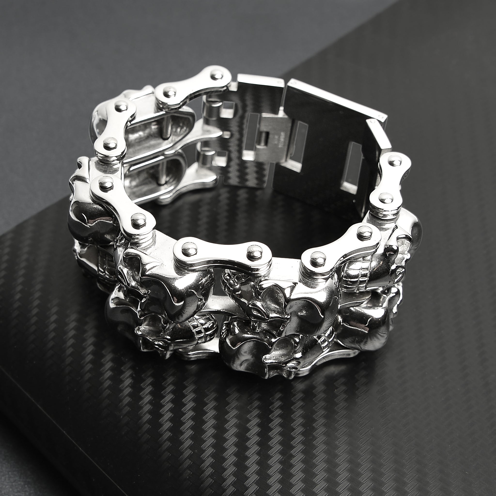 Stainless Steel Double Skulls Alternating Bike Chain Bracelet / WCB1006、mySite、dreamappss