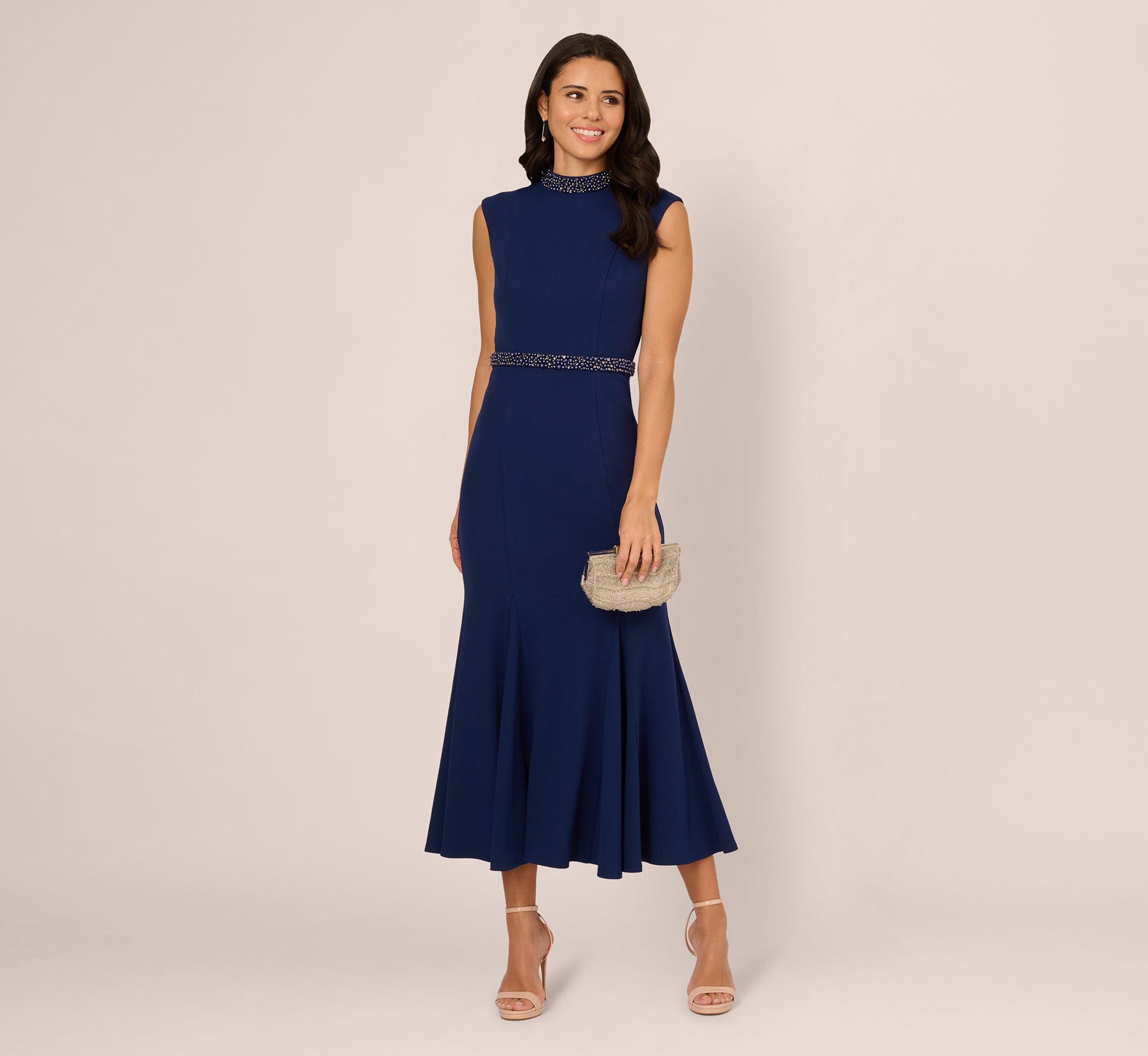 Sleeveless Mock Neck Pearly Midi Dress In Navy Sateen、mySite、solidvoid