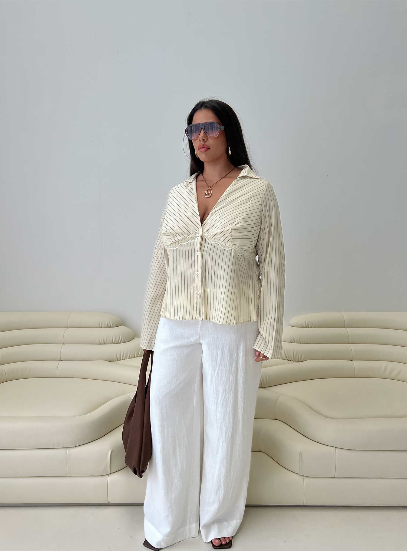 Life Begins Long Sleeve Lace Trim Top Cream Stripe Curve、mySite、solidvoid