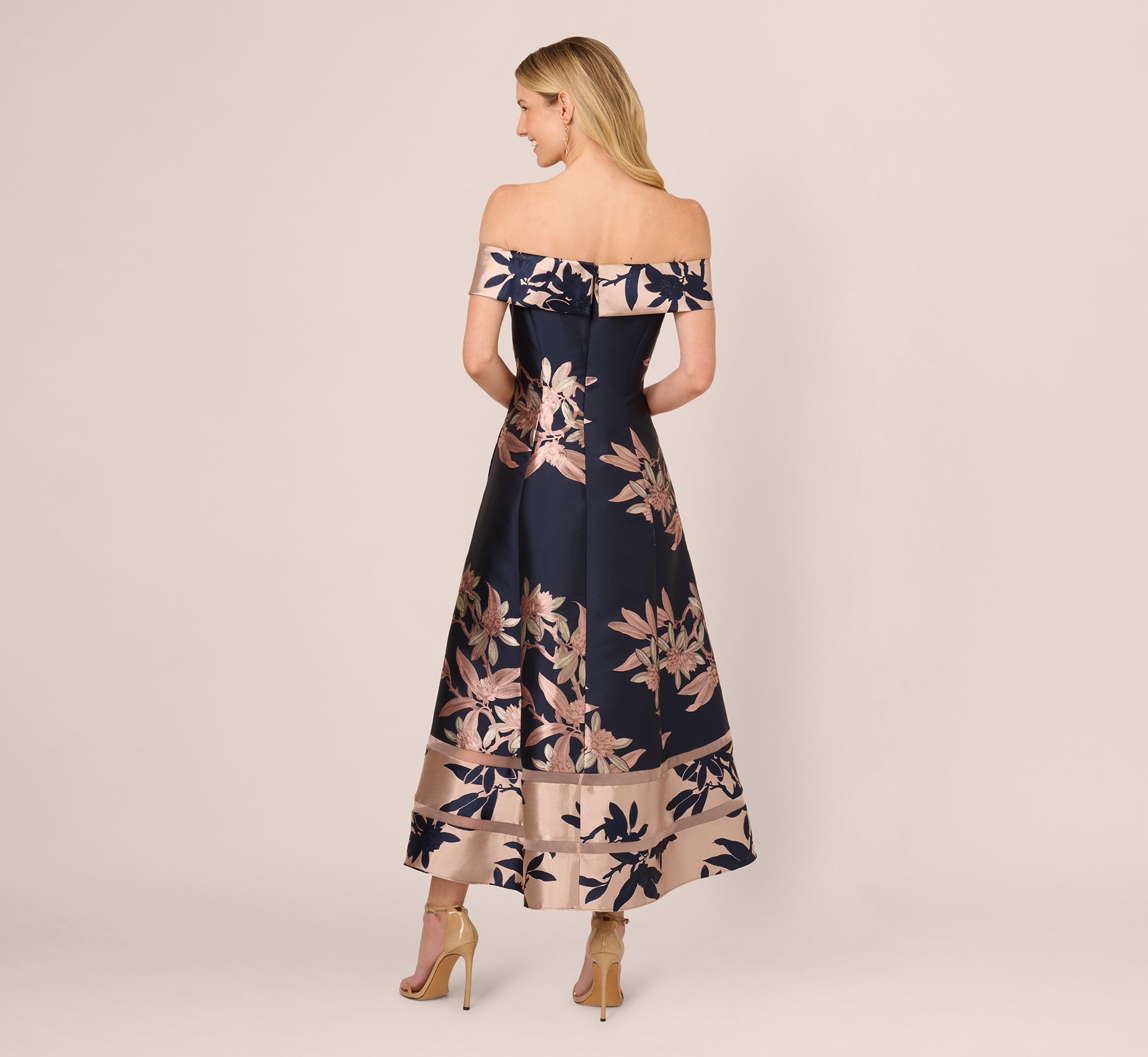 Off Shoulder 2 Tone Jacquard Fit And Flare Midi Dress In Navy Blush、mySite、solidvoid