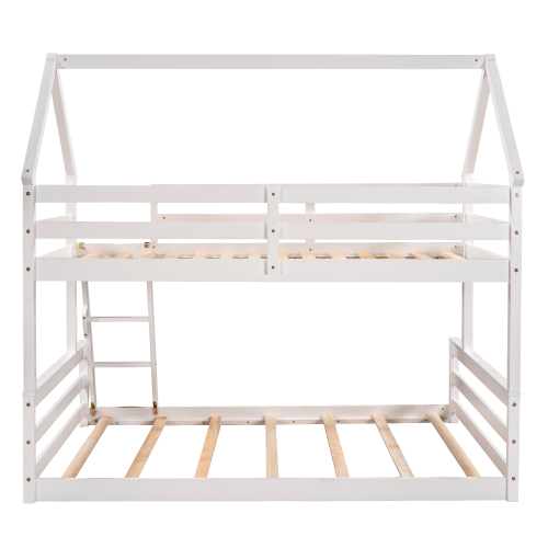 Twin Size Bunk House Bed with Slide and Ladder,White、、casual