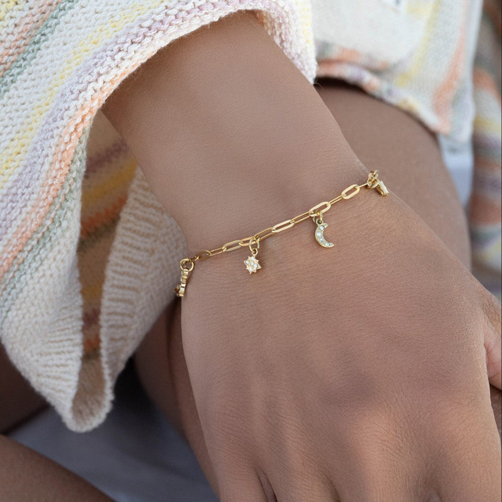 18K Gold PVD Stainless Steel Moon & Star Charm Bracelet / BRJ1009、mySite、dreamappss