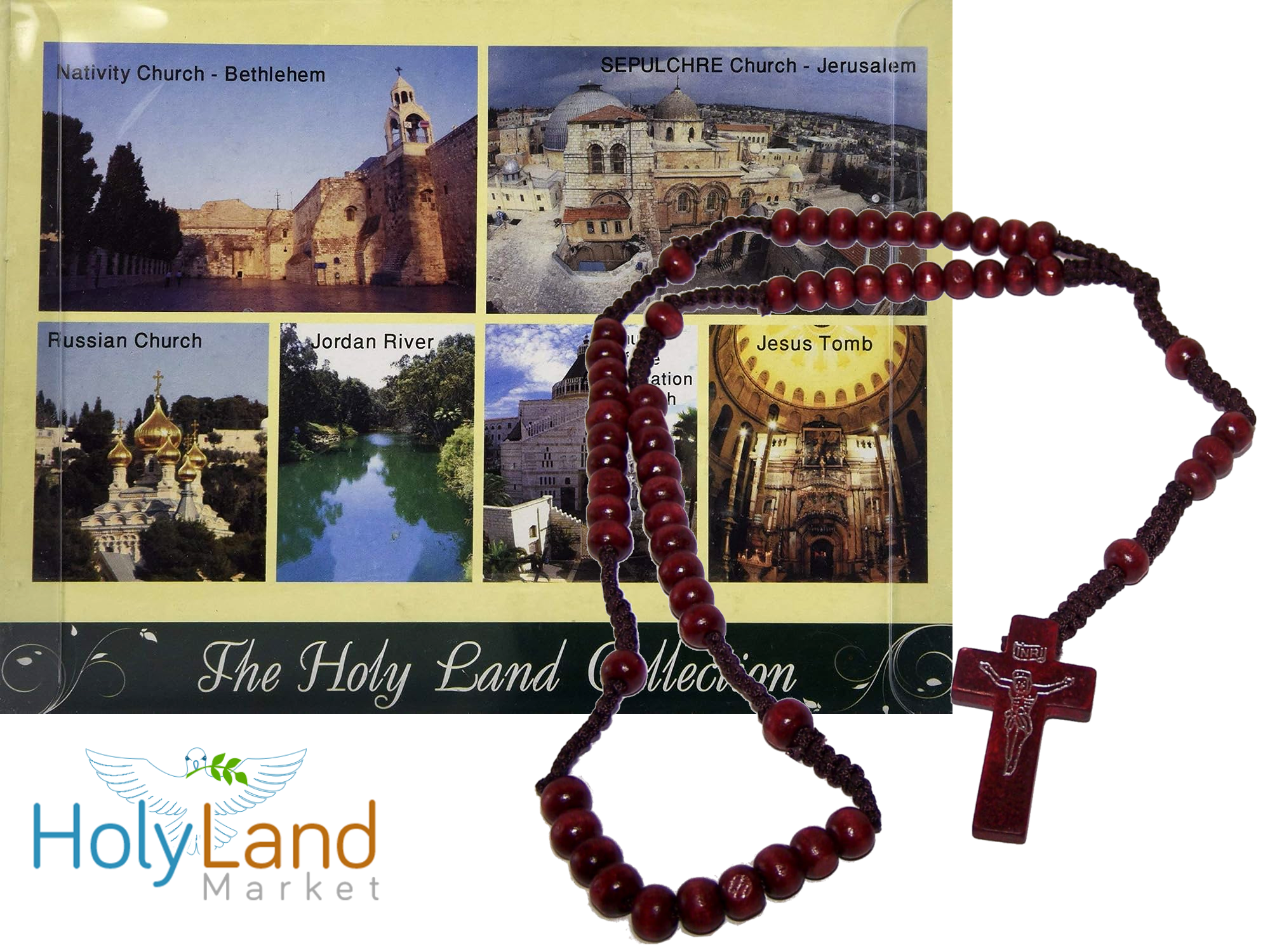  Holy Land Market Maroon Rosary plus Seven In One Holy Jordan Water, Soil, Oil Bottles, Olive Wood Cross, Incense, Candle & Icon Big Jerusalem Set from the Holy Land、mySite、elrpsem3k