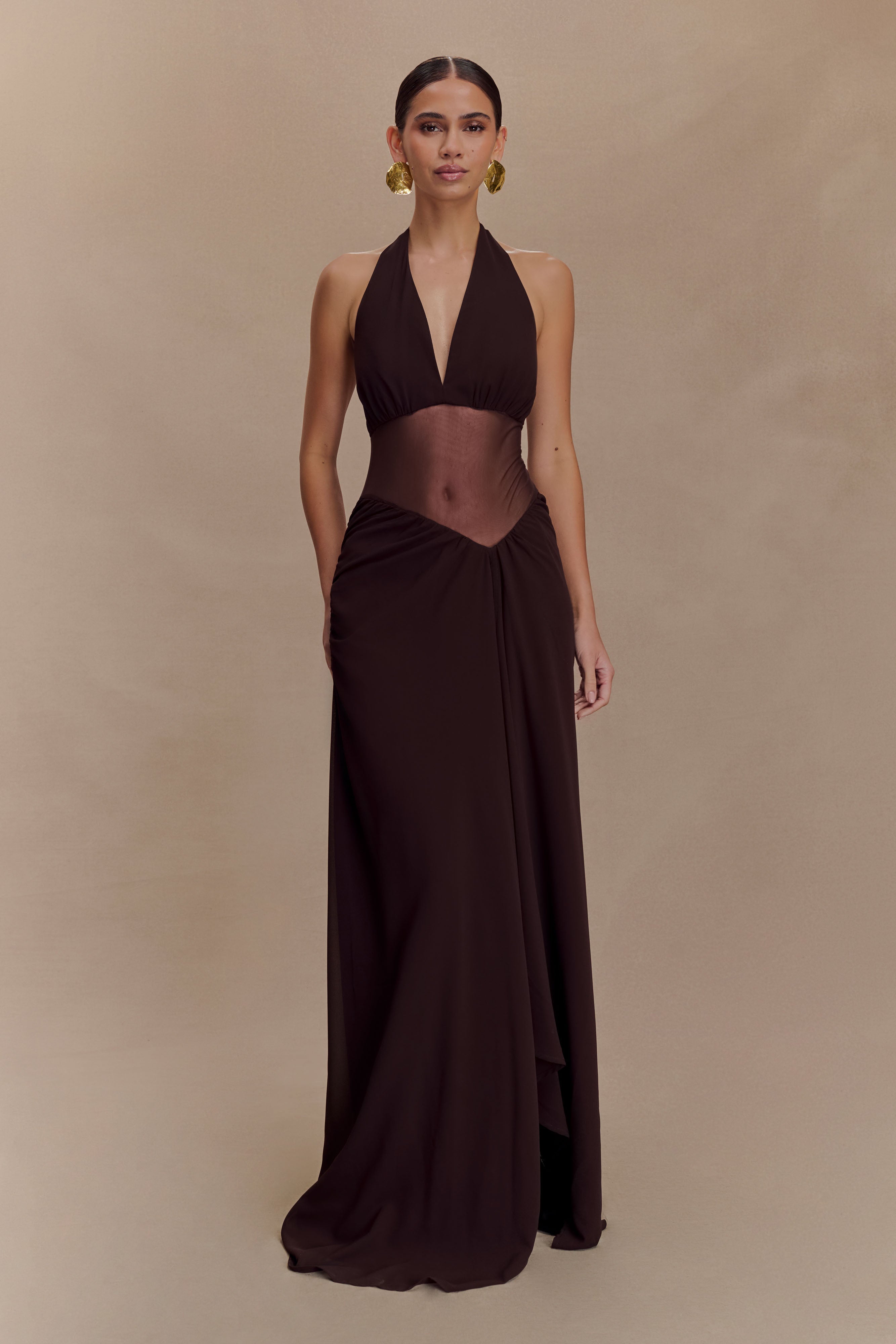 Jonna Chiffon And Mesh Maxi Dress - Dark Chocolate、mySite、solidvoid