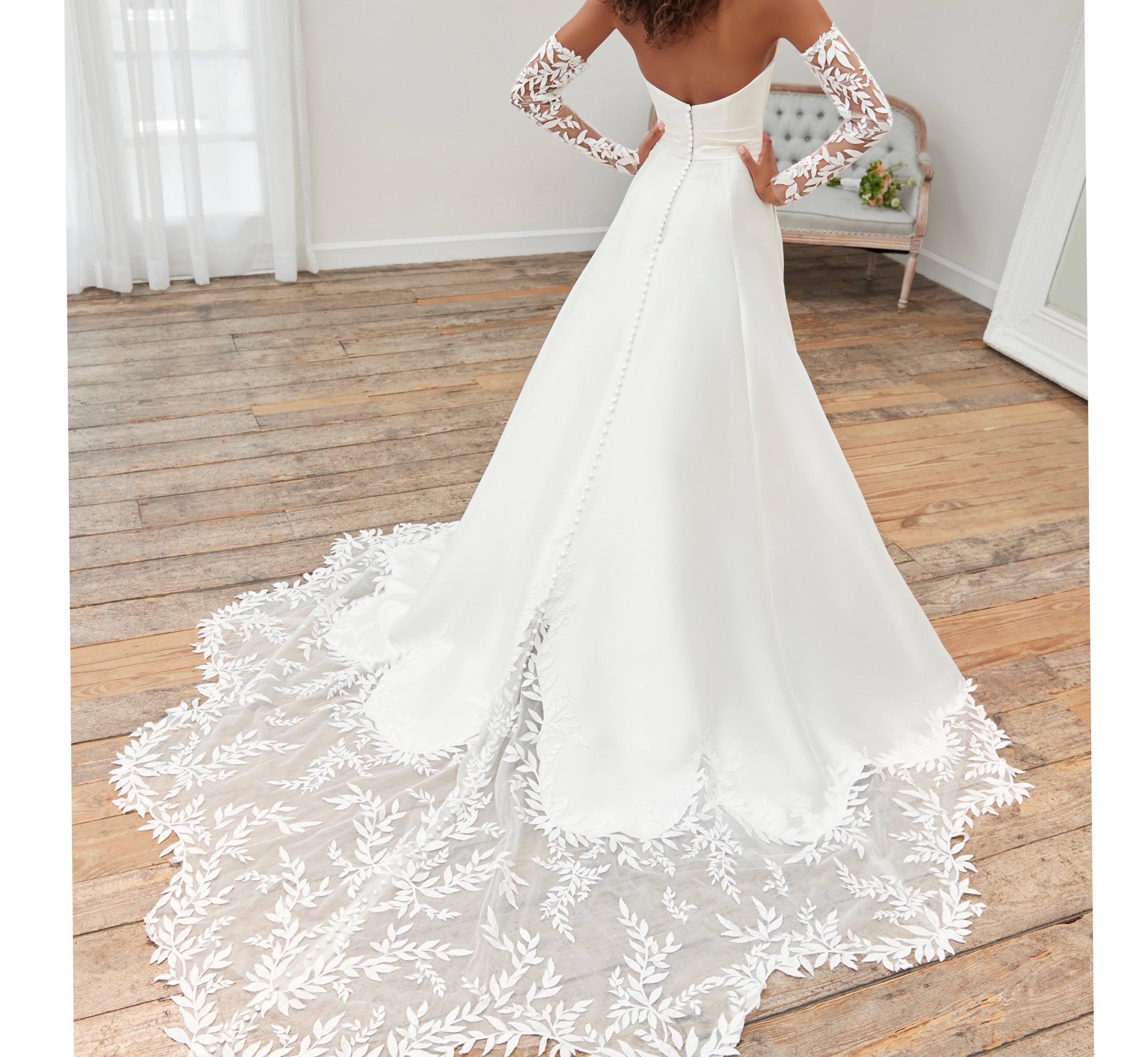 Lace And Mikado Strapless Gown With Cathedral Train And Detachable Gloves In Ivory、mySite、solidvoid