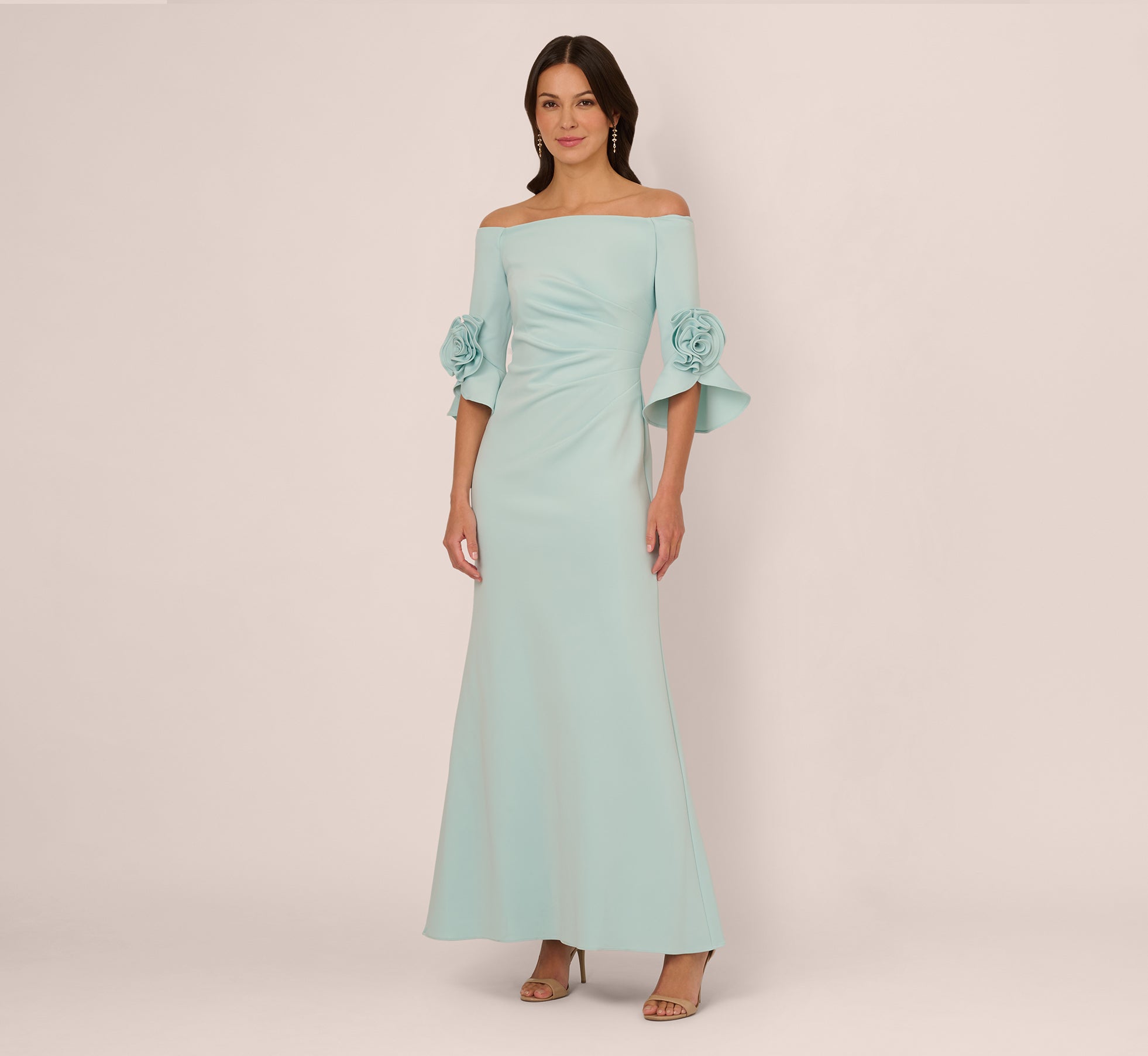 Off Shoulder Bell Sleeve Rosette Gown In Airy Aqua、mySite、solidvoid