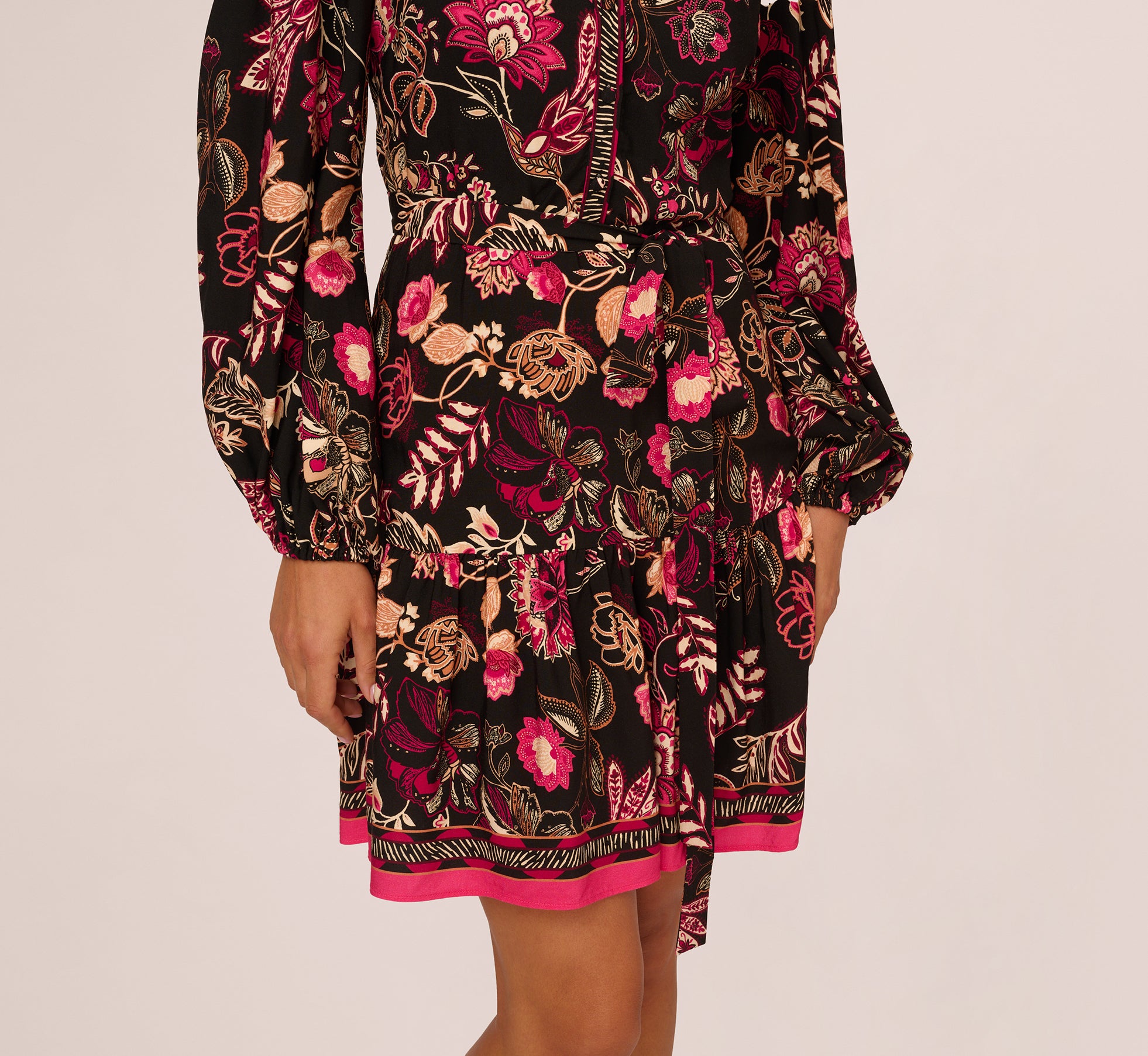 Floral Printed V Neck Button Front Dress With Long Sleeves In Black Multi、mySite、solidvoid