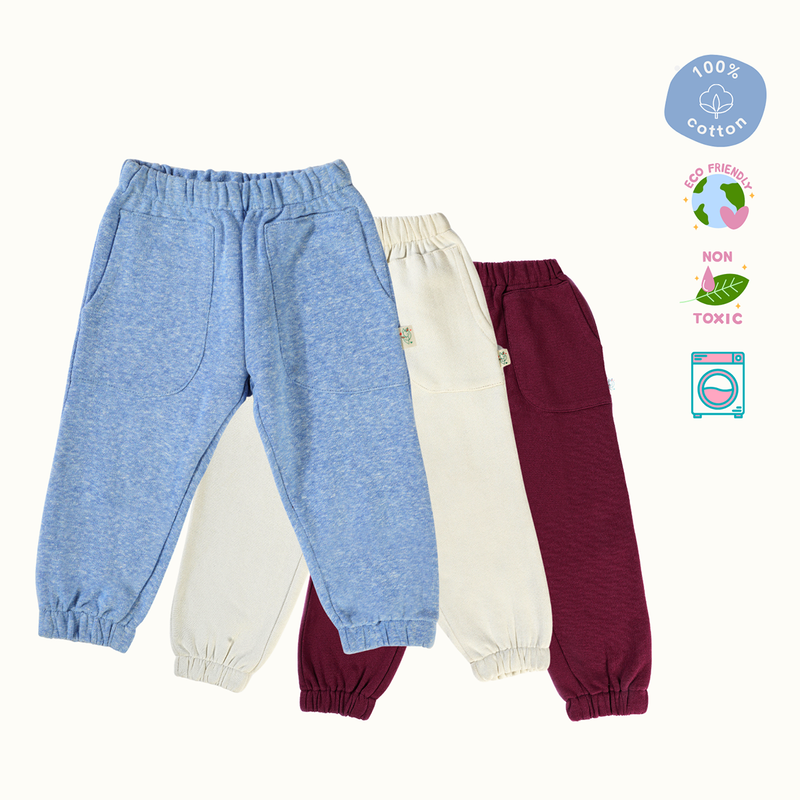 Cotton Terry Sweat Pants | Blue, Creme & Maroon | Set of 3、mySite、camillekostekn